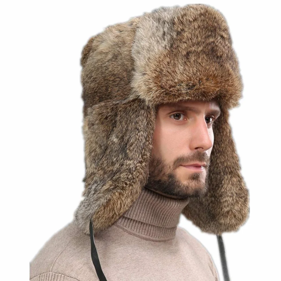 Męska zimowa czapka Aviator z prawdziwego futra królika, męska damska czapka futrzana ze 100% nausznikami z futra królika, wiatroszczelna