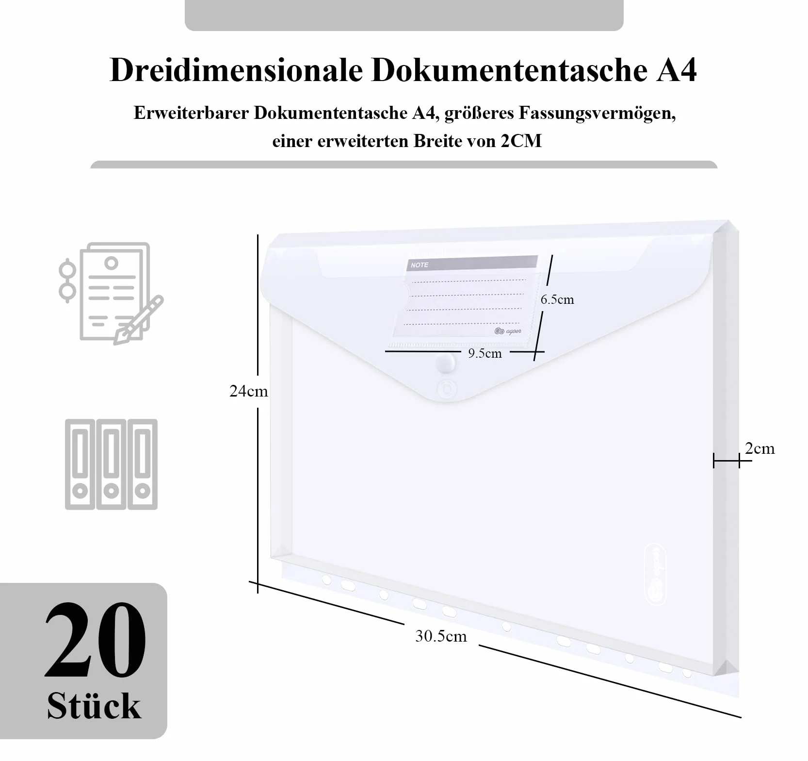 Agoer Plastikowe portfele A4, rozszerzane, 20 teczek na dokumenty, plastikowe teczki 3D na dokumenty z 2 guzikami, kieszonkowe kurtki na dokumenty z 11 otworami do segregatora i kieszenią na etykiety