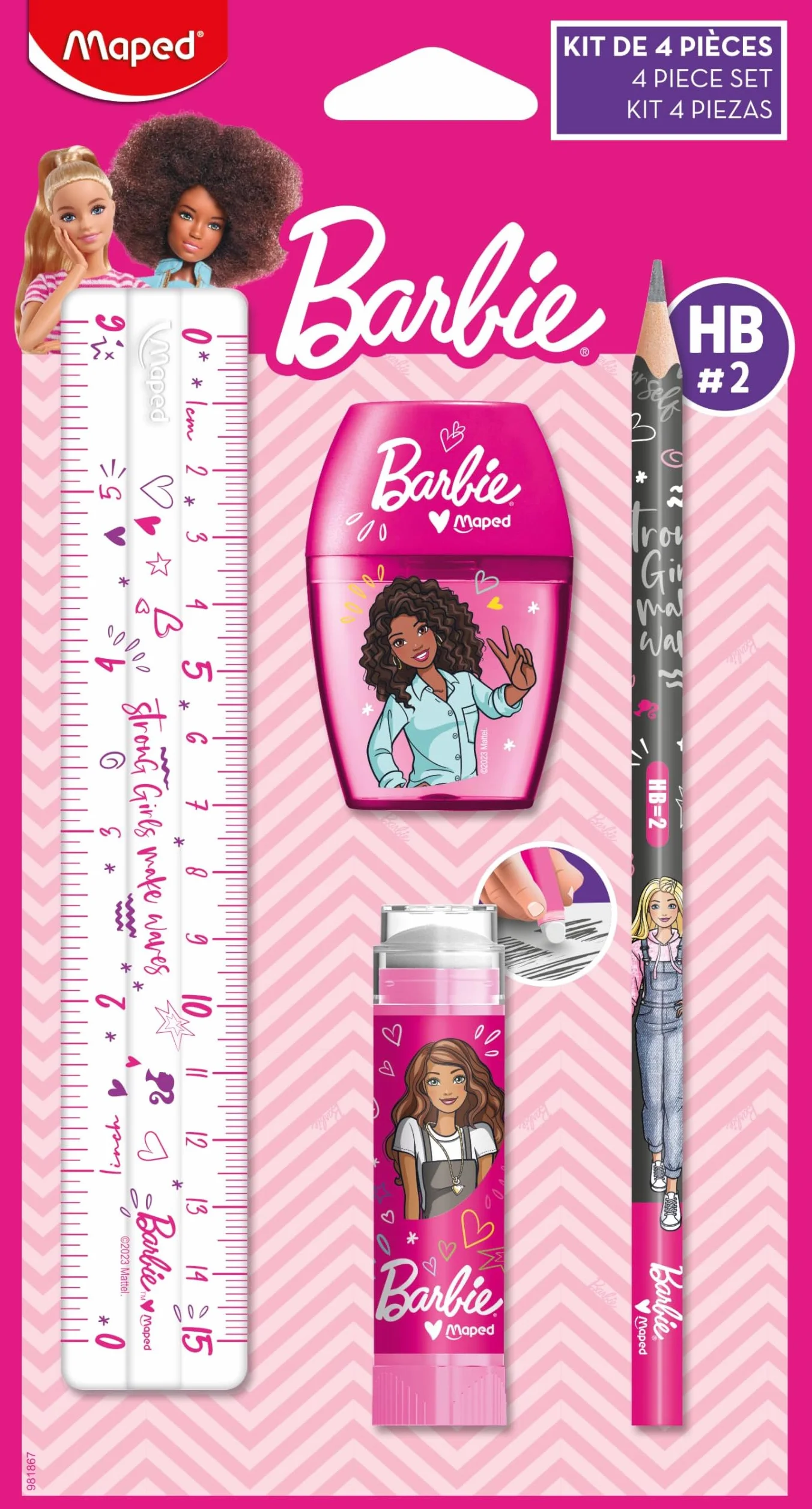 Maped - Zestaw artykułów piśmienniczych Barbie 4 sztuki - 1 przezroczysta linijka 15 cm + 1 temperówka, 1 otwór + 1 osłonięta gumka do gumki + 1 ołówek HB - Oficjalna licencja Barbie
