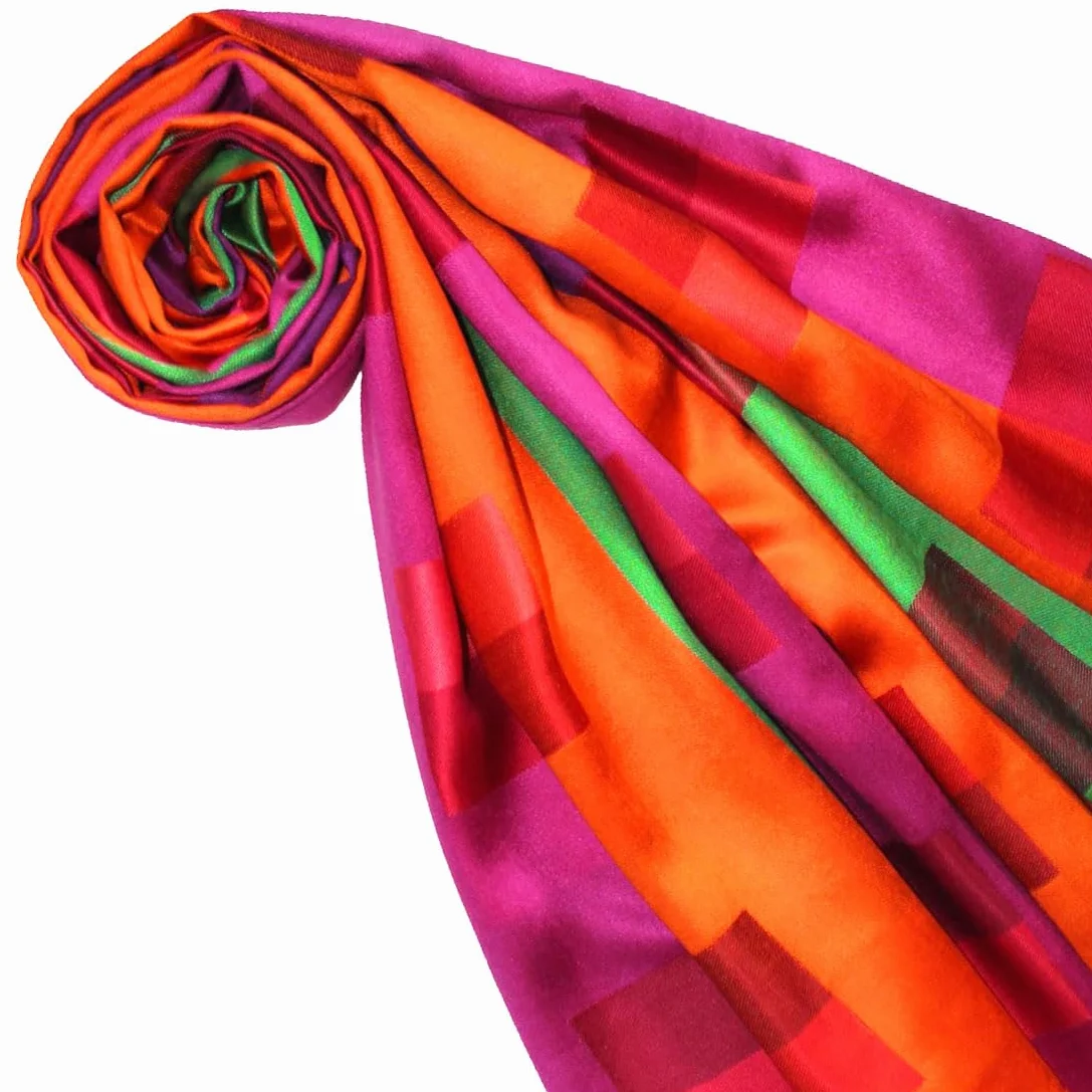 Lorenzo Cana Damski szal pashmina, żakardowy szal, tkany 100% jedwab, 70 cm x 190 cm, wzór karo, kolorowy