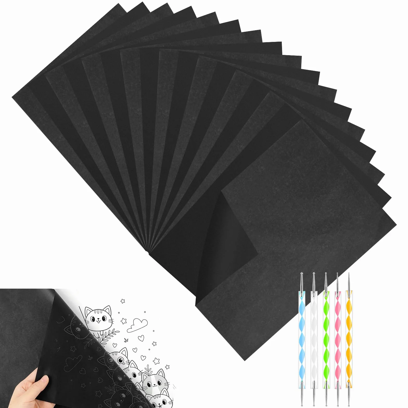 OSDUE Czarny papier kalkowy,100 arkuszy, kalka kreślarska A4 papier,czarny papier grafitowy transferowy z 5 rysikami do odrysowywania wzorów na drewnie, tkaninie, płótnie, napisach i szkicach