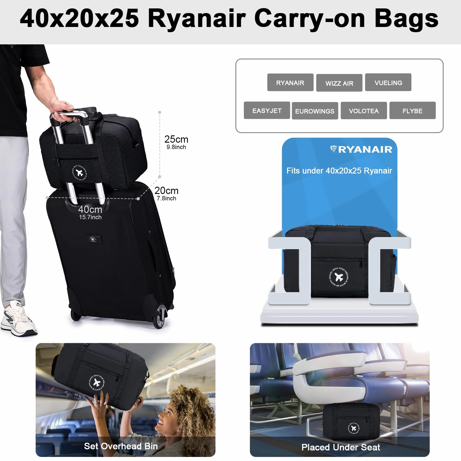 BAGZY 2x Torba Podręczna Ryanair 40x20x25 Składana Torba Kabinowa 20L Lekka Torba Sportowa na Weekend dla Kobiet i Mężczyzn Czarny