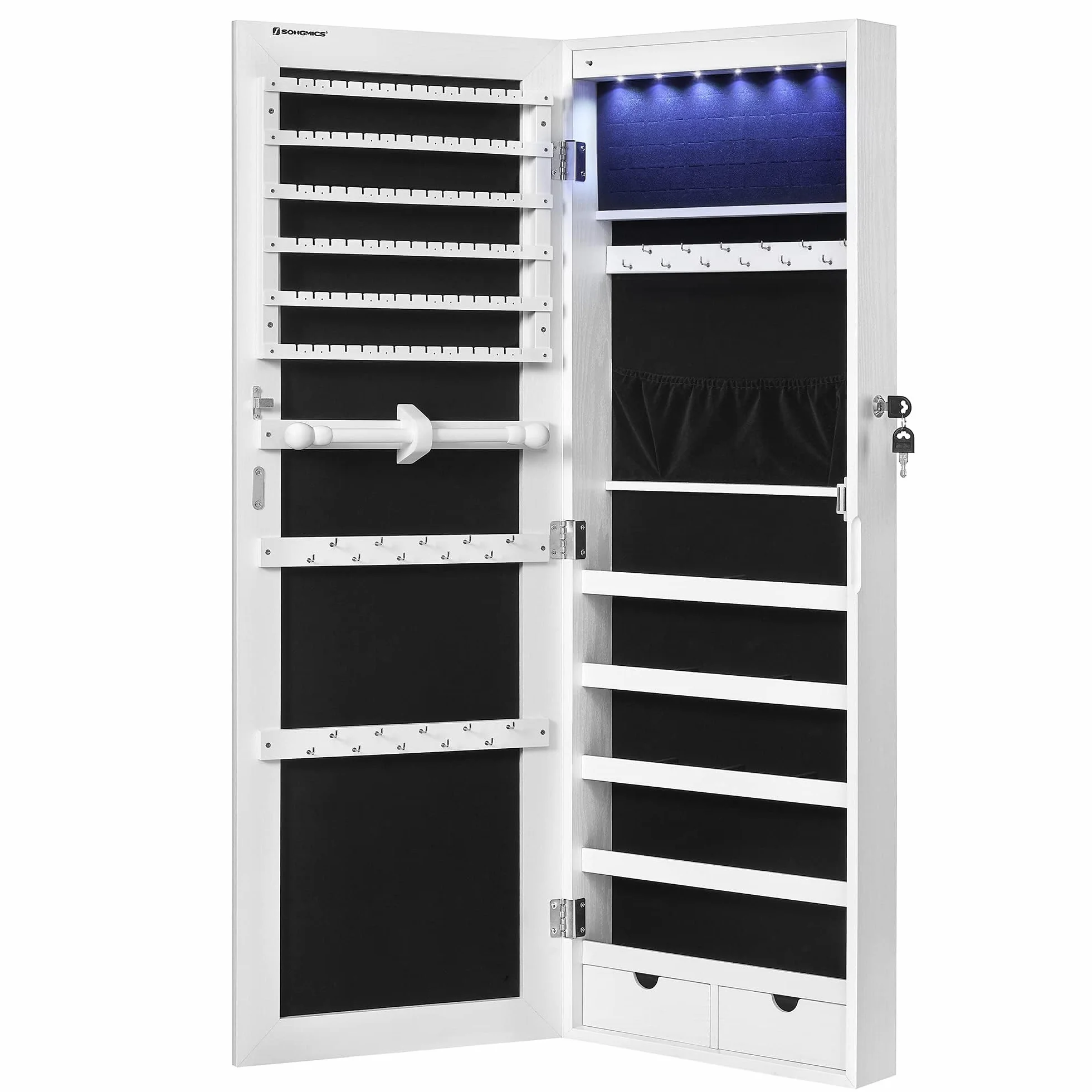 SONGMICS Szafka na biżuterię z długim lustrem, do przechowywania biżuterii z 6 lampami LED, do zawieszenia na drzwiach lub na ścianie, duża pojemność, 2 szuflady, biała JJC99WT
