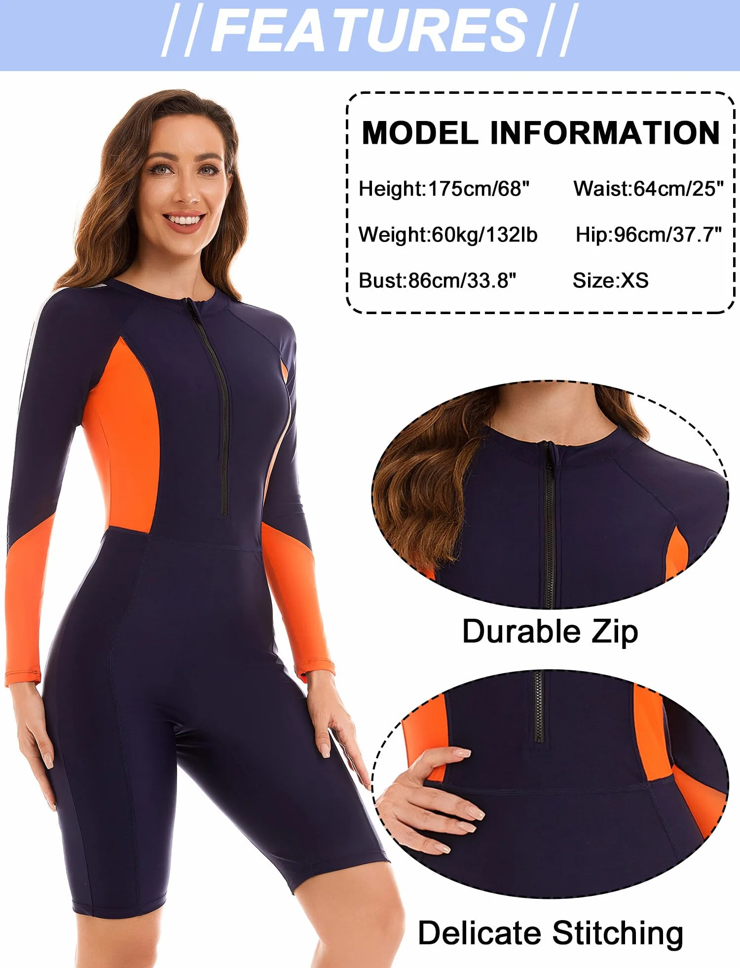 SEAUR Rash Guard damski kostium kąpielowy z długim rękawem, jednoczęściowy kostium kąpielowy z nogawkami, UPF 50+, ochrona przed promieniowaniem UV, krój slim fit, zamek błyskawiczny, moda kąpielowa,