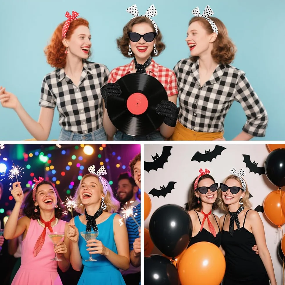 Akcesoria do kostiumów z lat 50., 5 szt. fantazyjny zestaw okularów w kształcie kocich oczu, bandana w kropki, opaska na głowę, rękawiczki, fantazyjny strój dla kobiet na imprezę retro z lat 50