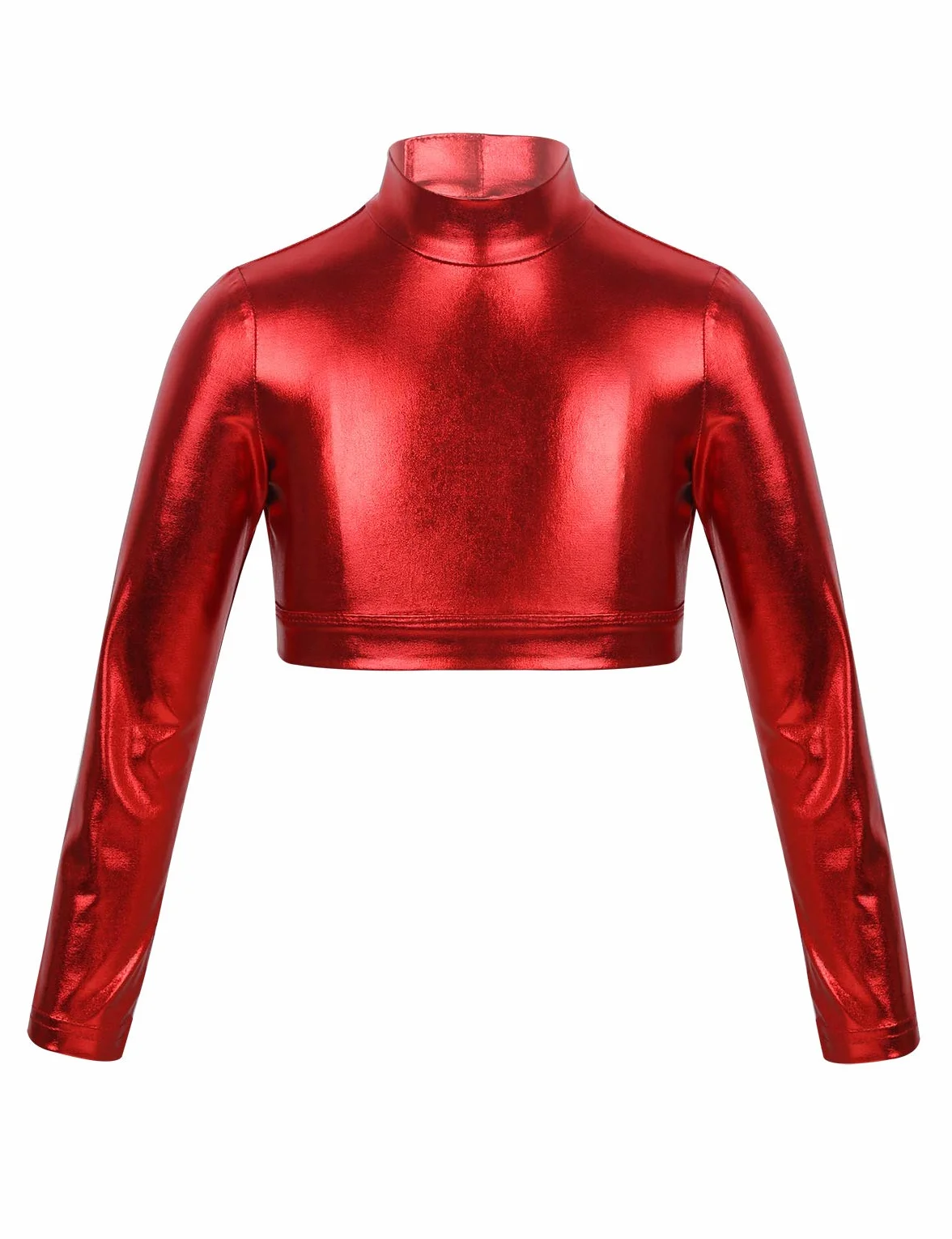 CHICTRY Dziecięca koszulka metaliczna z długim rękawem, błyszcząca, na imprezę, krótki top, do tańca, tunika, bluzka, stójka, koszulka, gimnastyka, strój do tańca