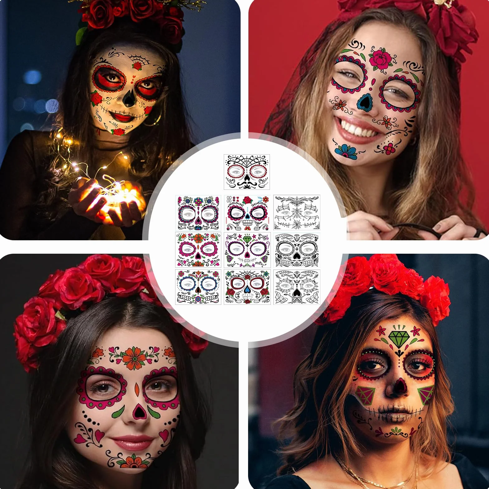 Tatuaż na Halloween, 10 arkuszy tymczasowych tatuaży z czaszką, tatuaże na Dzień Zmarłych czaszek, kwiatowy szkielet, pajęczyna, czerwone róże, na Halloween, maskaradę, imprezę Cosplay