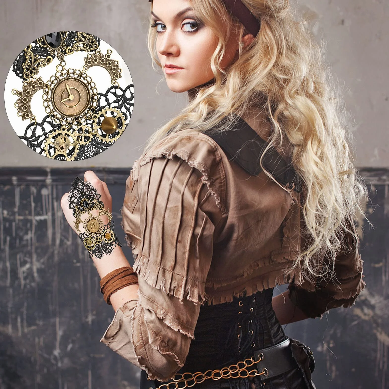 HOWAF Steampunk akcesoria Steampunk kostium dla kobiet i mężczyzn, koła zębate steampunk, naszyjnik koronkowy, gotycki choker, naszyjnik, bransoletki, steampunk, kolczyki, gotycka biżuteria, okulary,