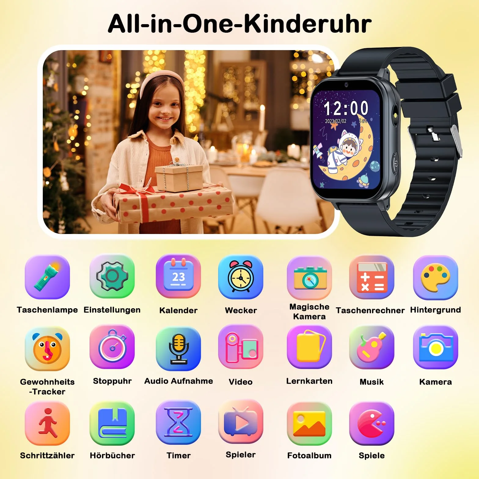 PTHTECHUS Smart Watch dla dzieci, zegarek dziecięcy z aparatem fotograficznym, odtwarzaczem MP3, do nauki i zabawy, prezent dla dzieci w wieku 3-12 lat, czarny