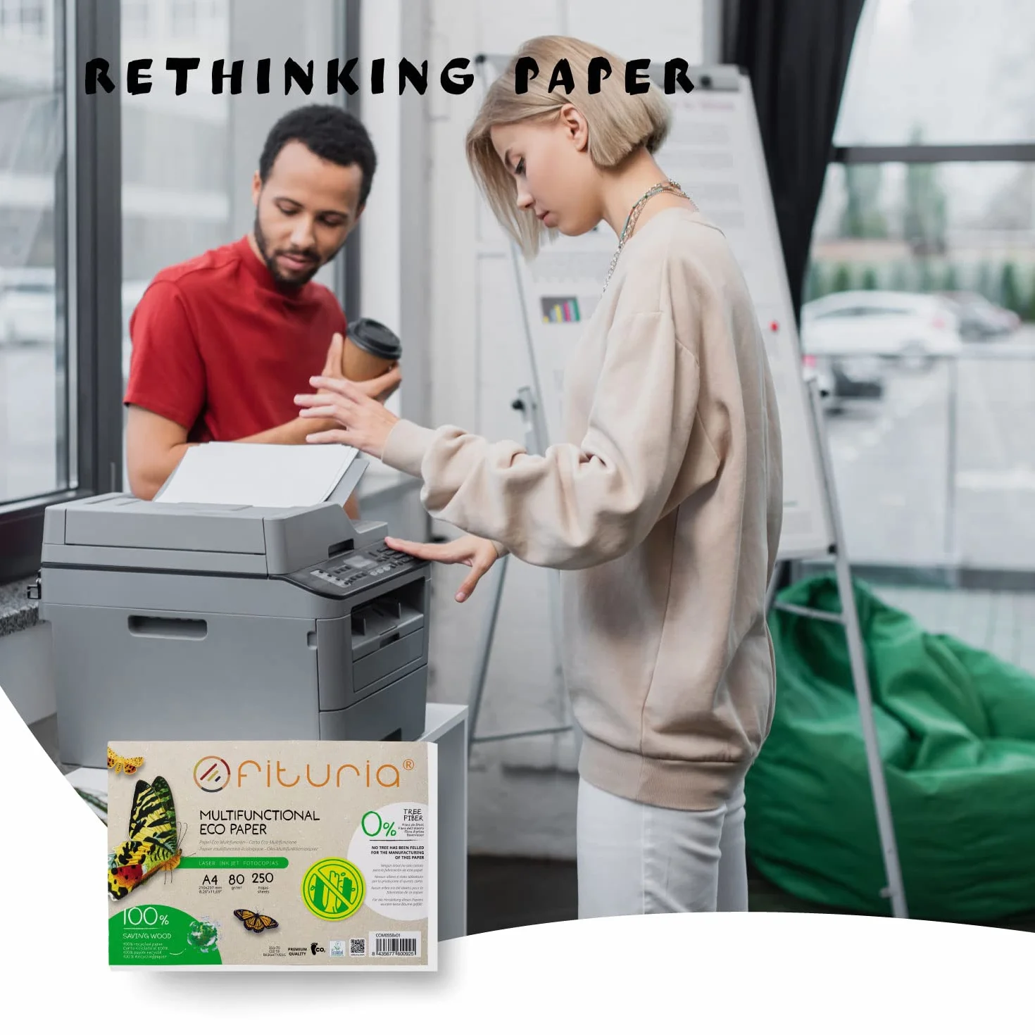 Papier z recyklingu A4, 80 g, 50 arkuszy w 100% z papieru z recyklingu, opakowanie z papieru z recyklingu, DIN A4, naturalny kolor, nadaje się do drukarek laserowych i atramentowych, Ofituria (50