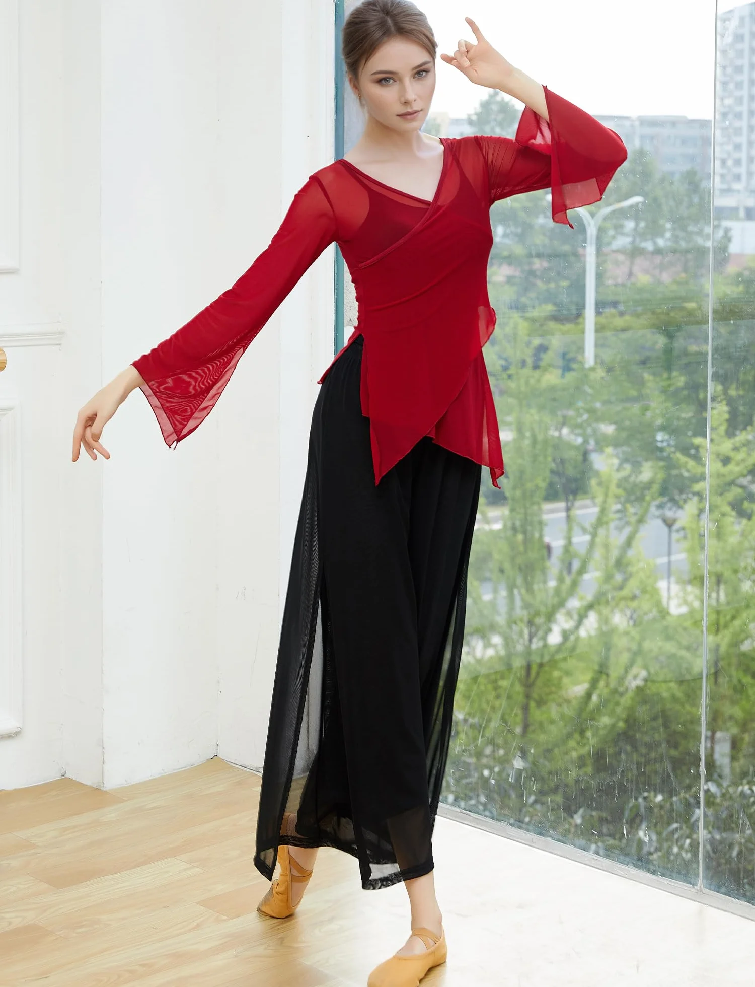 SEAUR Damskie spodnie do tańca, szyfon, szerokie nogawki, do tańca orientalnego, latynoski, pilates, joga, palazzo, spodnie letnie, spodnie rekreacyjne, S-XL