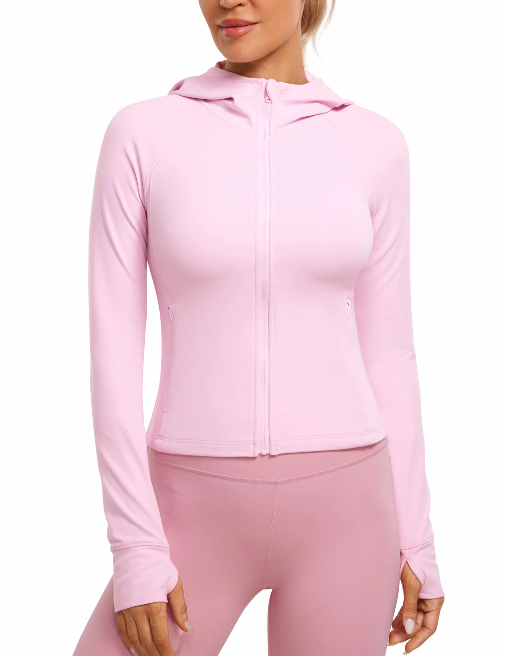 CRZ YOGA Damska bluza z kapturem Butterluxe do ćwiczeń, zapinana na zamek, dopasowana, lekka, z kapturem i otworami na kciuki