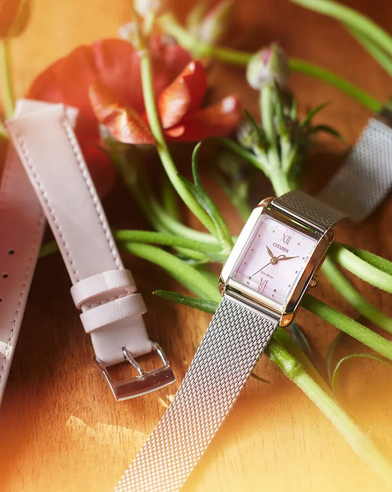 Citizen Damski analogowy zegarek Eco-Drive z paskiem ze stali nierdzewnej, różowy, pasek