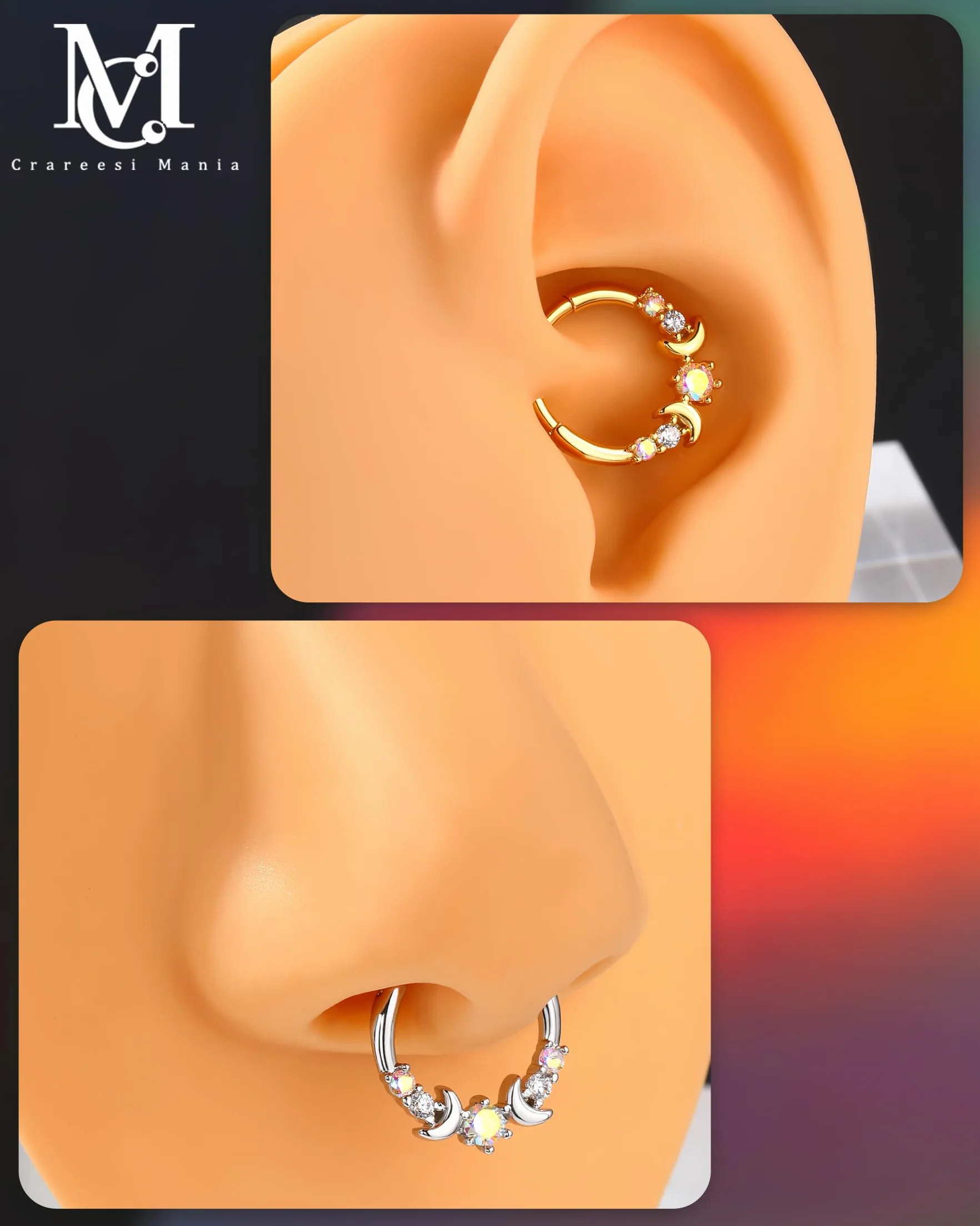 CM Crareesi Mania Faza księżyca, septum, stokrotka, helix, biżuteria, stal nierdzewna 316L, pierścionek do przegrody nosowej, srebrny, złoty, stokrotka, helix, kolczyki obręcz z przezroczystym