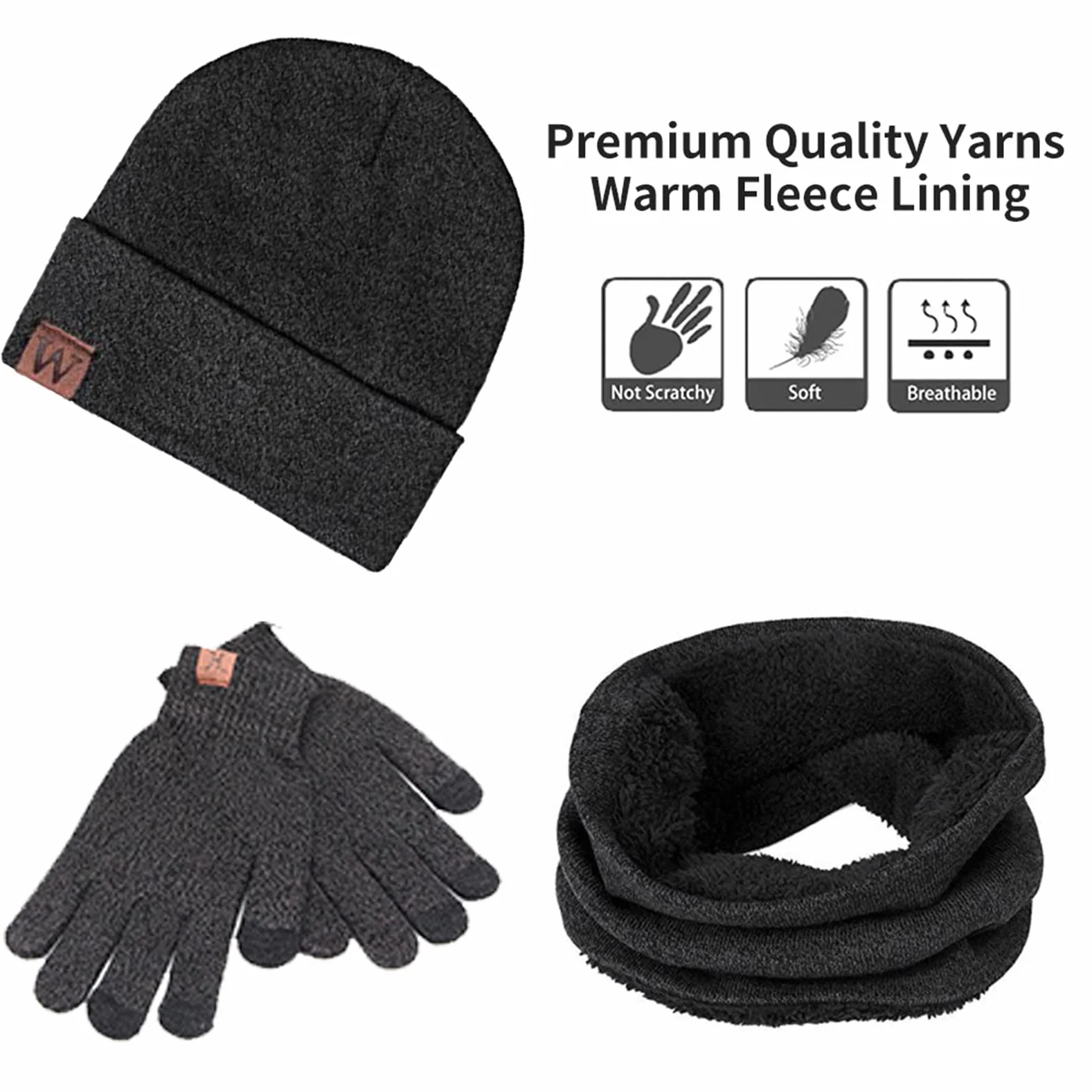 Komplet czapka szalik rękawiczki dla mężczyzn i kobiet, na zimę, z dzianiny, termiczny beanie, snood i rękawiczki z ekranem dotykowym, miękka podszewka z polaru, czapka zimowa dla mężczyzn i