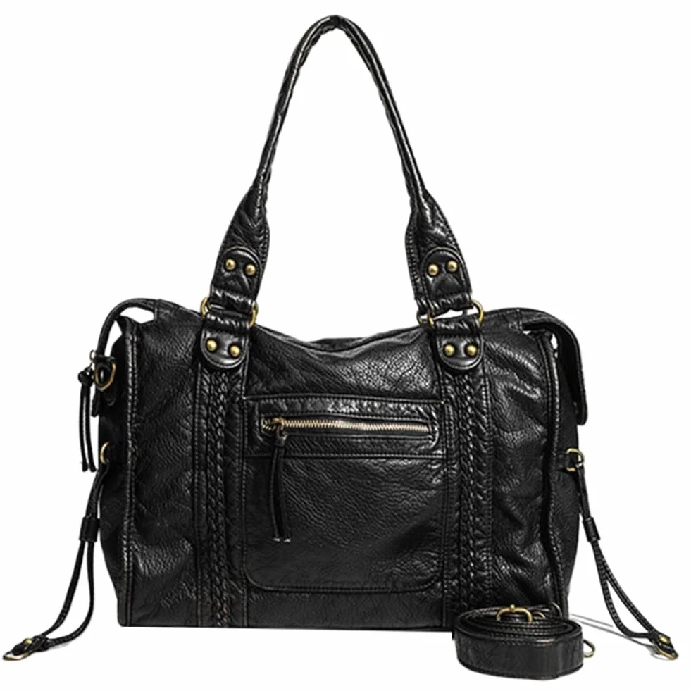 GSenhui Nity torba damska duża Slouchy torebka vintage duża torba City Tote Bag Y2k torba na ramię styl punkowy skórzany czarny