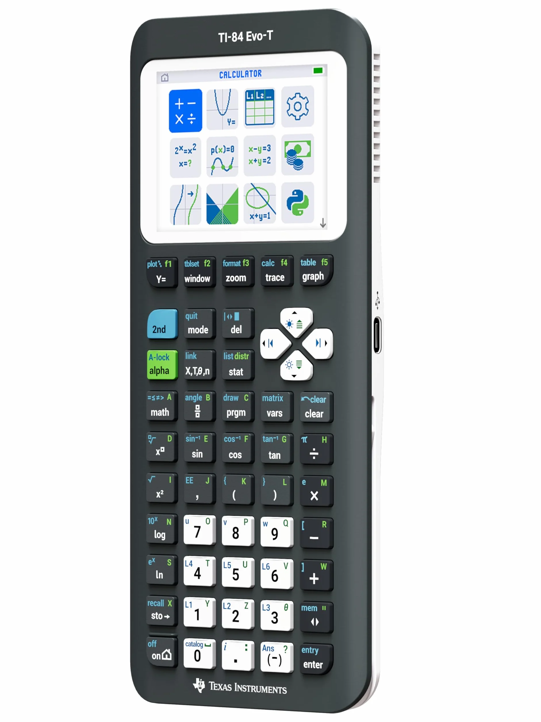 Texas Instruments TI-84 Evo-T kalkulator graficzny, obsługa Pythona, możliwość ponownego ładowania, USB-C, tryb kontrolny