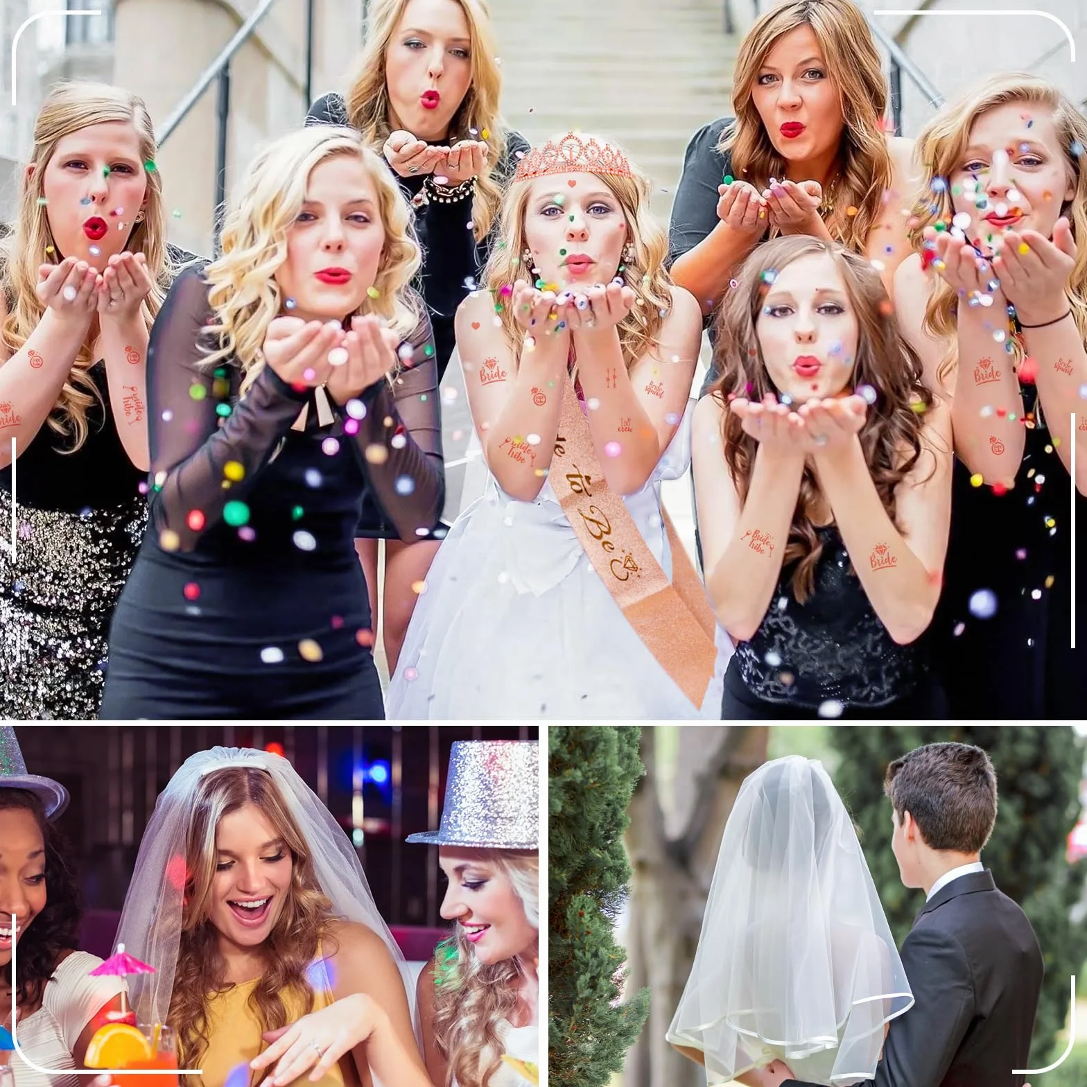 Bride to Be szarfa i welon, 16 sztuk dekoracji na wieczór panieński, akcesoria JGA dla kobiet, 10 bransoletek dla panny młodej, 1 bransoletka dla panny młodej, szarfa, welon, odznaka, tiara, tatuaż