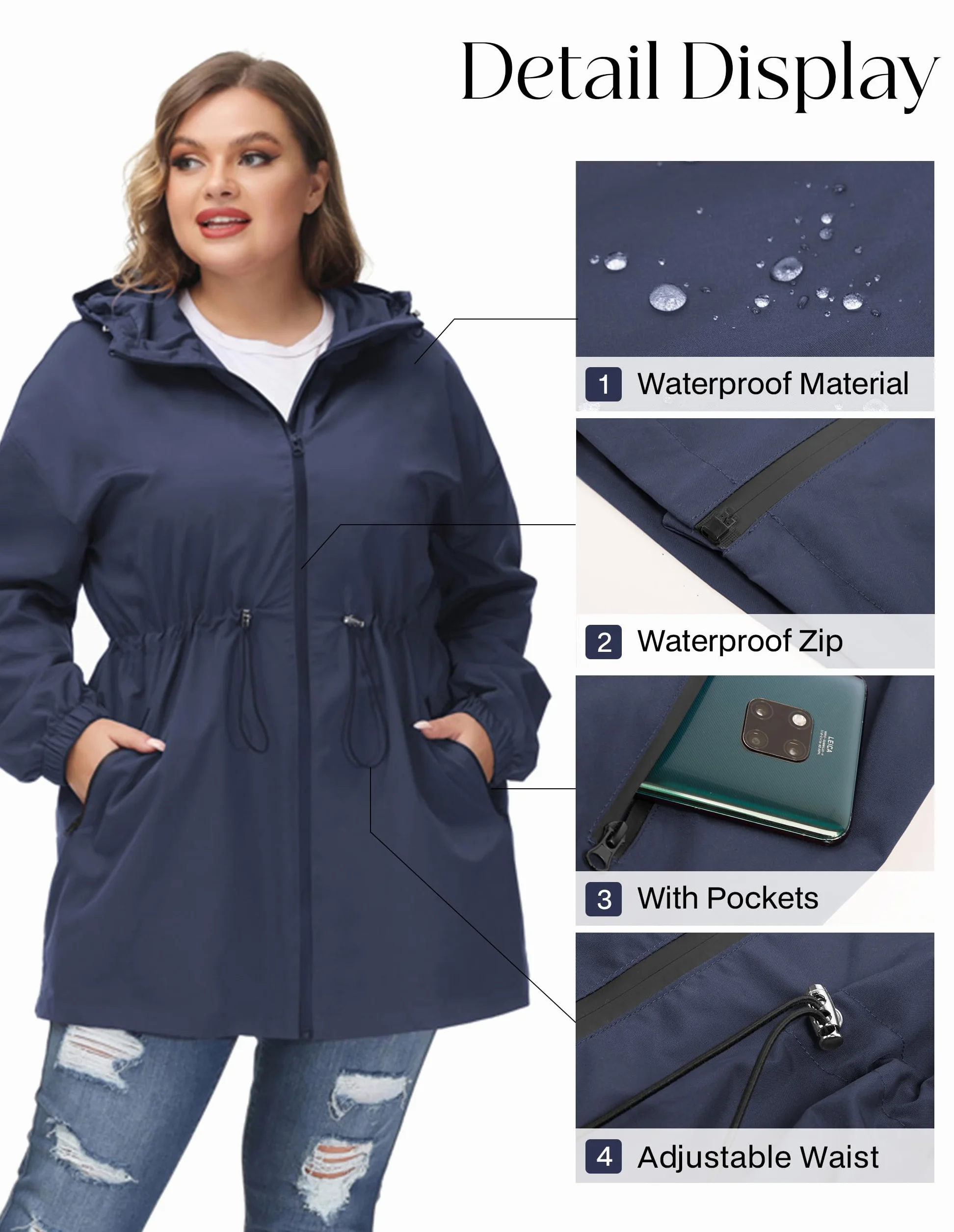 Hanna Nikole Damski płaszcz przeciwdeszczowy z kapturem plus size kurtka outdoorowa wodoodporna wiatrówka