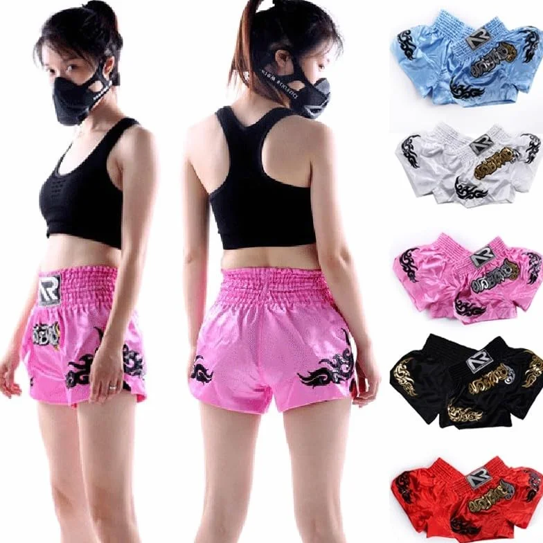 Muay Thai szorty dla mężczyzn i kobiet, slim fit, spodenki bokserskie MMA, odzież treningowa, spodenki do sztuk walki (rozmiar M, różowe)