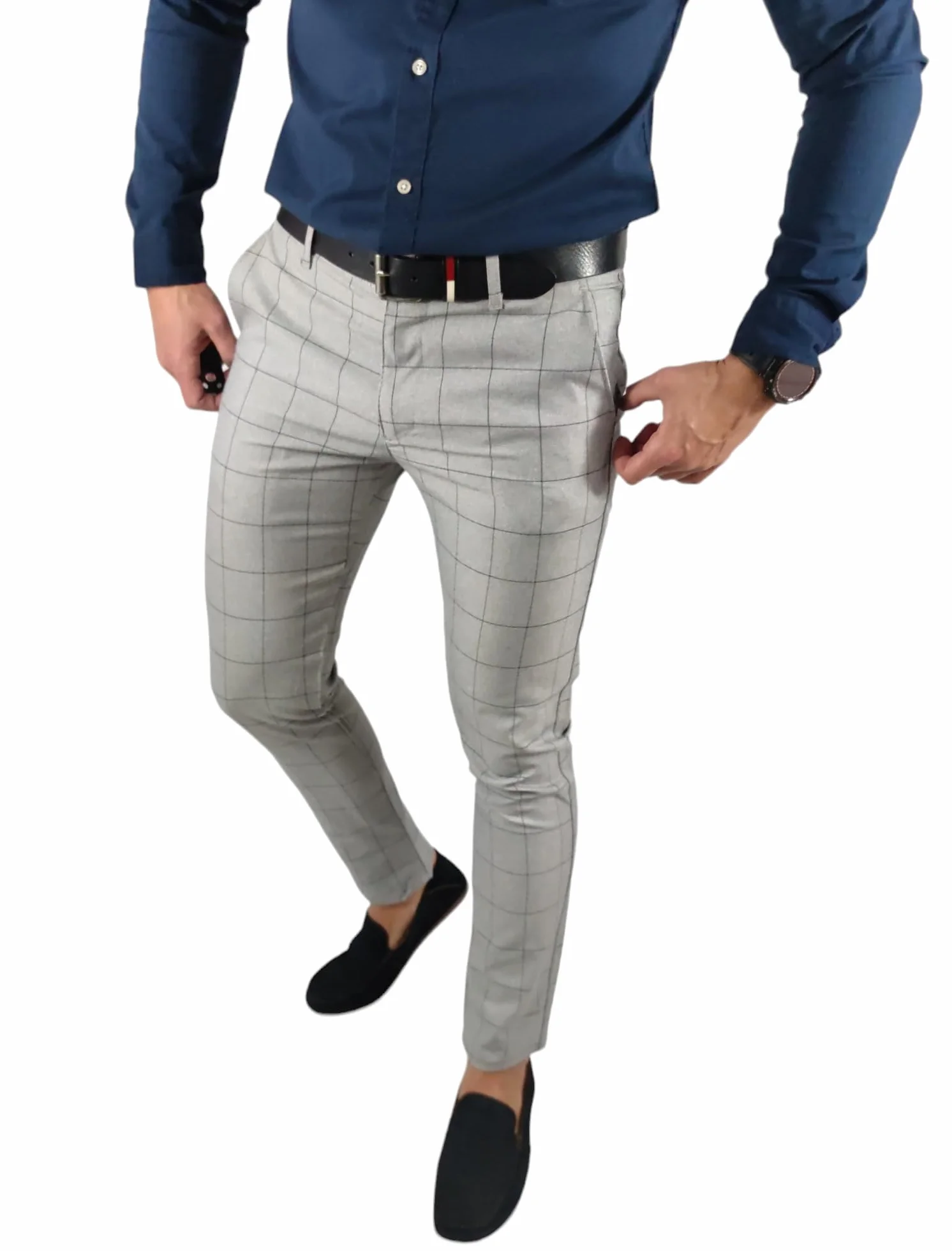 Eleganckie Spodnie Wizytowe Męskie | Dopasowany Krój | Szare w Kratę | Styl Biznesowy i Casualowy | Wysoka Jakość Materiału DJ02