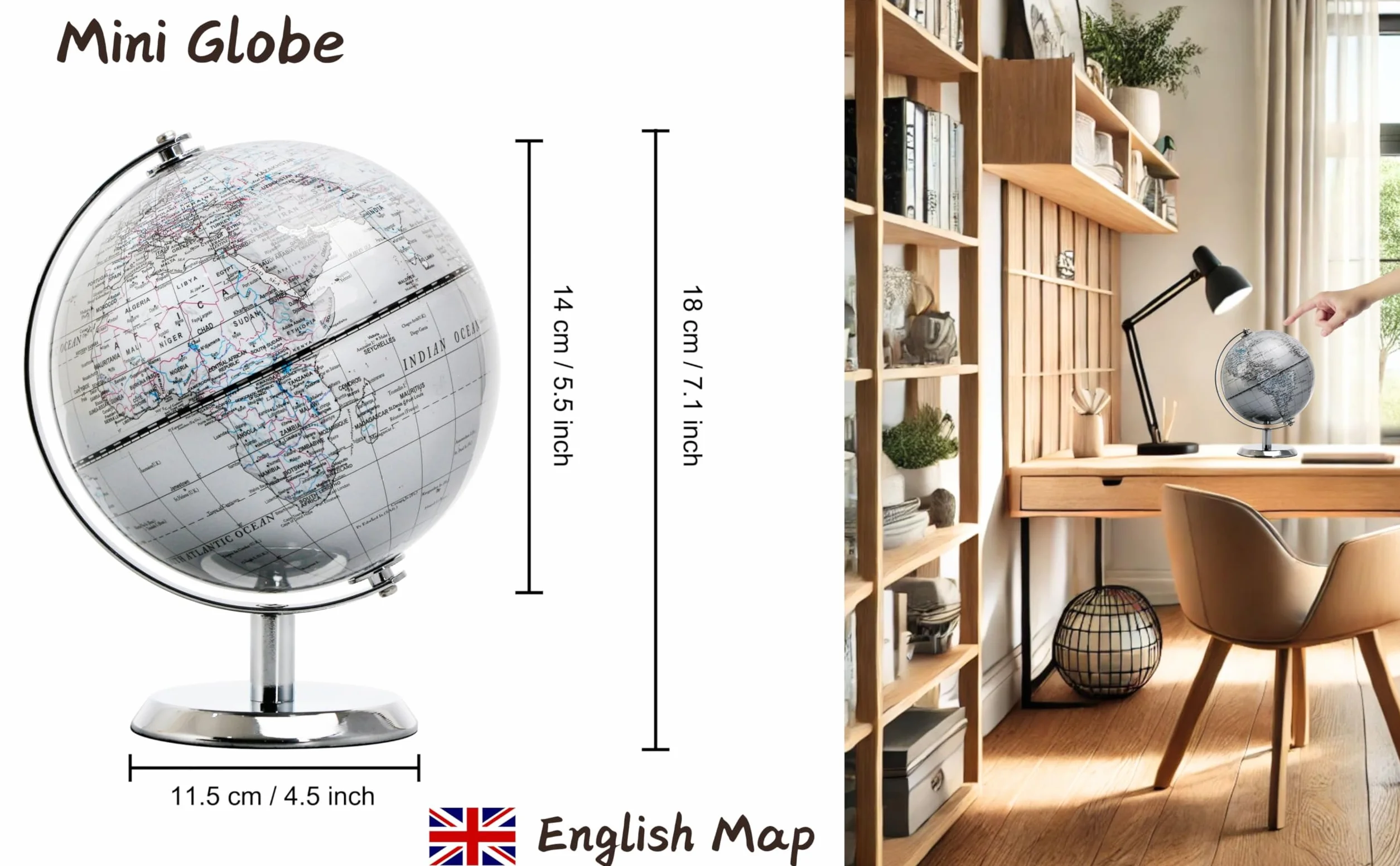 14 cm globus świata srebrny - mini globus edukacyjny/geograficzny/nowoczesna dekoracja biurka - łuk i podstawa ze stali nierdzewnej - srebrnoszary