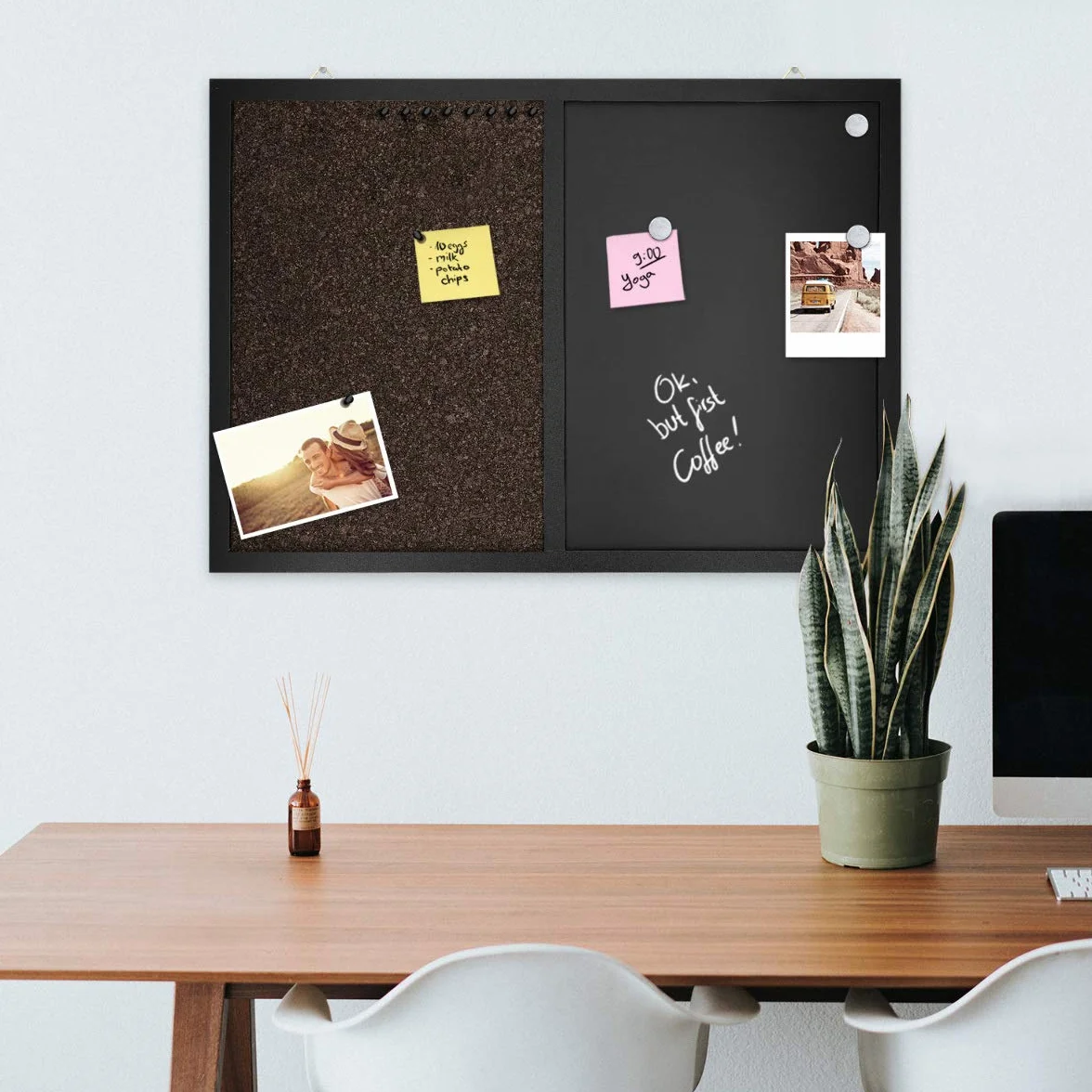 Navaris Tablica łączona z tablicą do pisania kredą i korkiem – tablica memo 70 x 50 cm z magnetyczną folią tablicową – w zestawie z kredą i magnesami