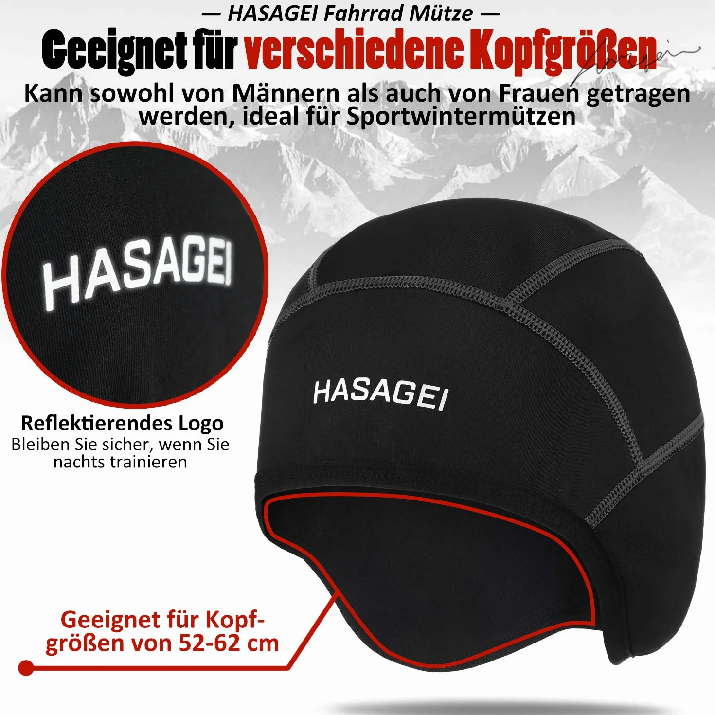 HASAGEI Czapka rowerowa, męska czapka polarowa na kask rowerowy, wiatroszczelna, czarna, czapka pod kask zimowy, 52-62 cm, utrzymuje ciepło