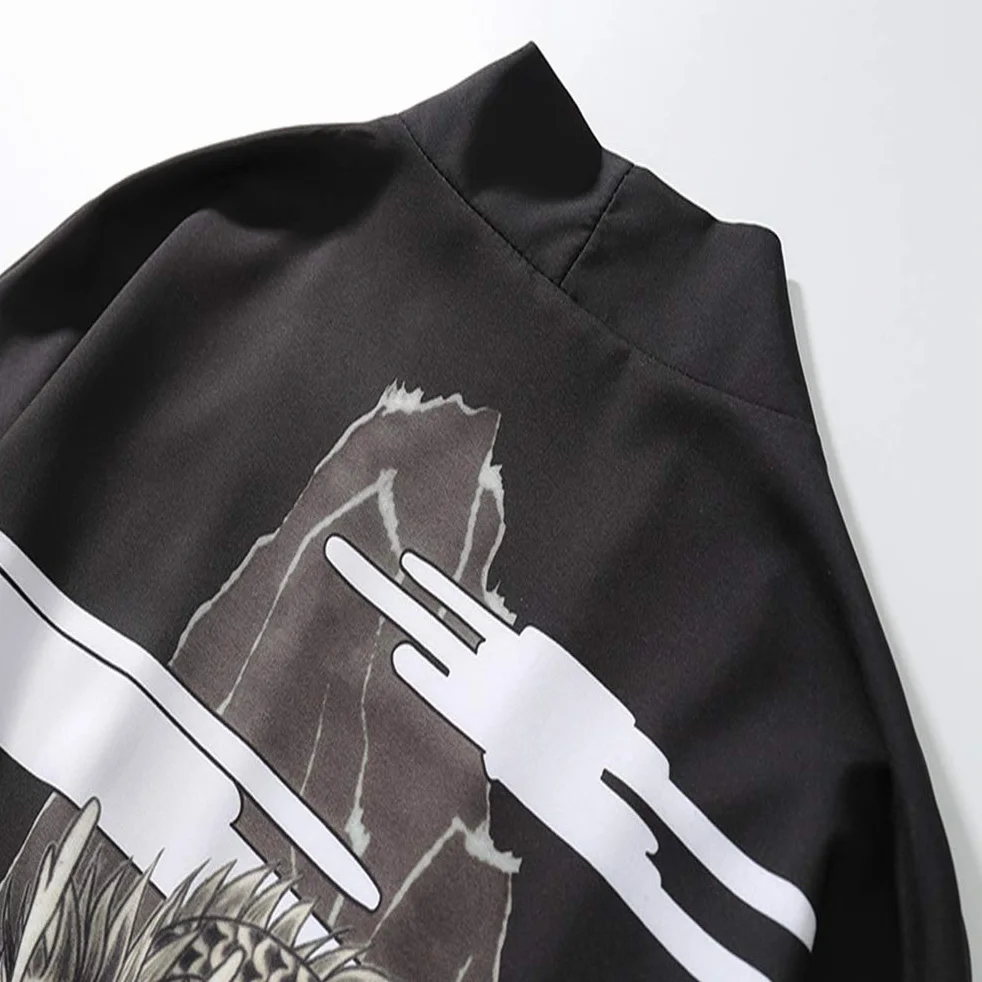 Męska kurtka kimono, neutralna retro wzorzysty wzór żurawia luźny rękaw bawełniana koszula top