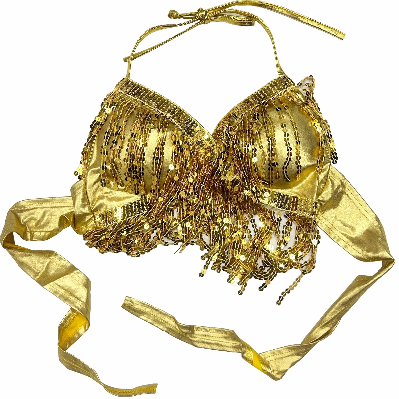 ZUYPSK Damski biustonosz z cekinami, kostium do tańca brzucha, top latynoski, wiązany na szyi, top dla kobiet, do tańca, z frędzlami, bikini, jogi, na imprezę, do klubu (złoty, rozmiar