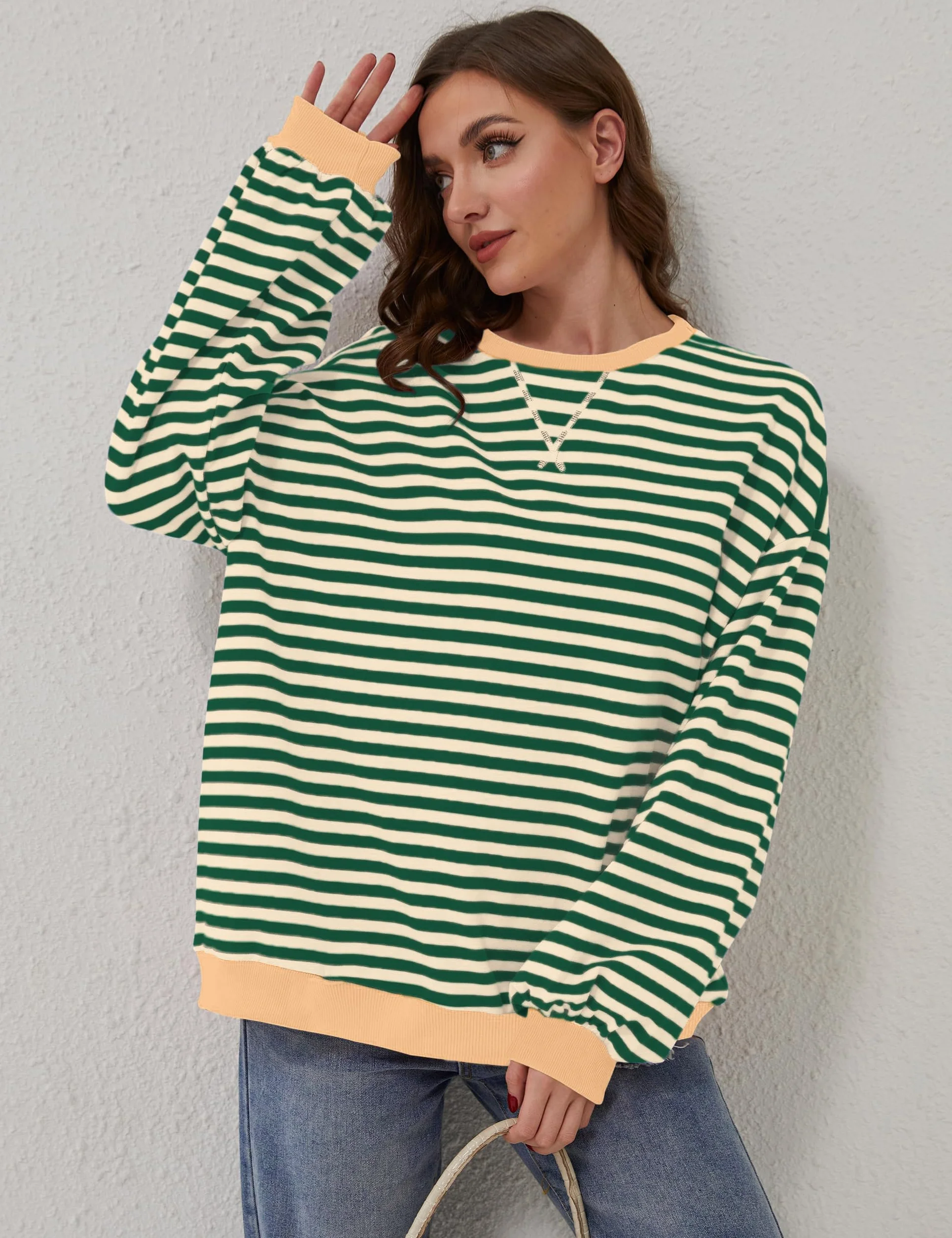 DUOEASE Sweter damski w paski, oversize, sweter z długim rękawem, jesień, okrągły dekolt, Y2K topy