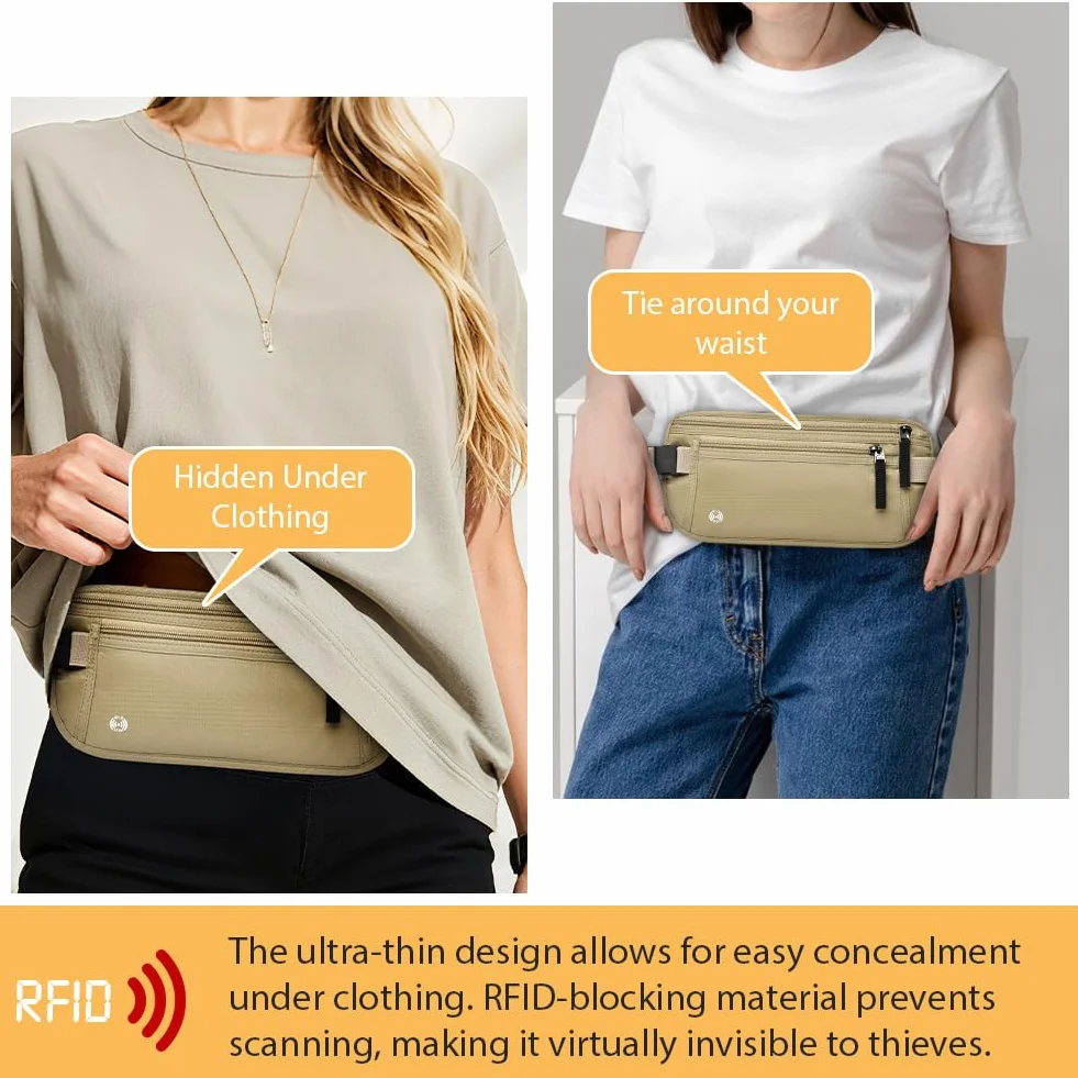 DiULi Pasek na pieniądze z blokowaniem RFID do podróży, ukryta torebka biodrowa z regulowanym elastycznym paskiem na talię, bezpieczne etui na paszport z 5 DARMOWYMI wnękami na karty, Khaki, Normale