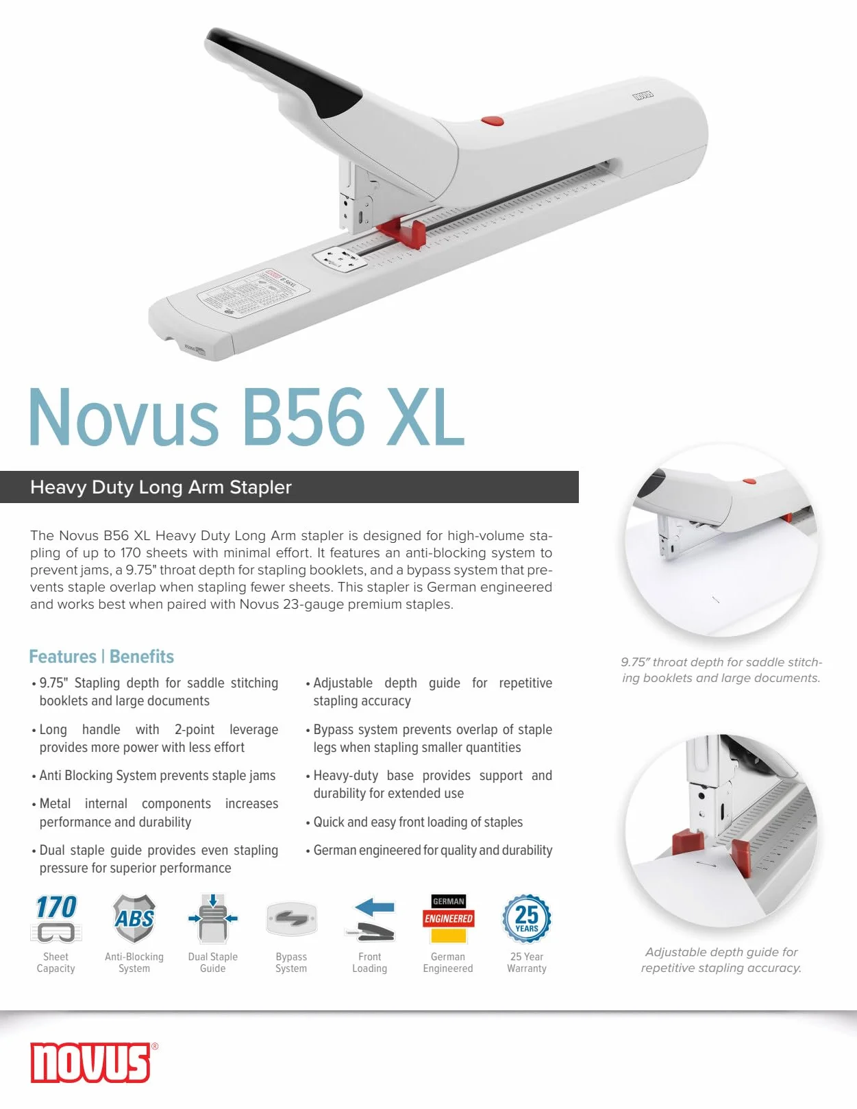 Novus B56 XL Zszywacz z długim ramieniem do dużych obciążeń, pojemność 20-170 arkuszy, głębokość zszywania 24,7 cm, zapobiegający zacinaniu się, inżynieria niemiecka (023-0062)