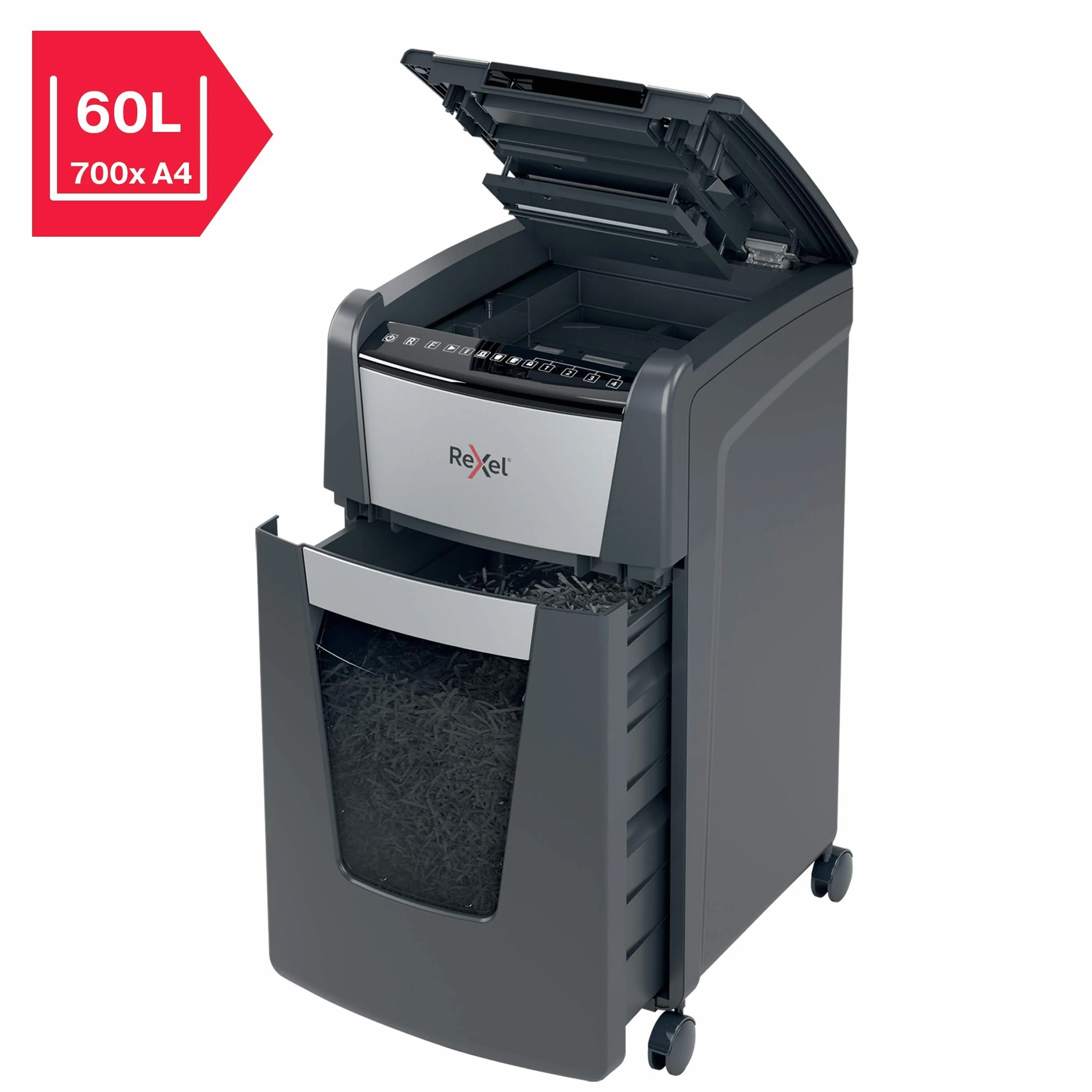 Rexel Optimum Auto Feed+ Automatyczna Niszczarka do Papieru, 300 Arkuszy, Bezpieczeństwo P-5, Tnie na Mikrościnki, do Małego Biura, 60 L, na Kółkach, 2020300M