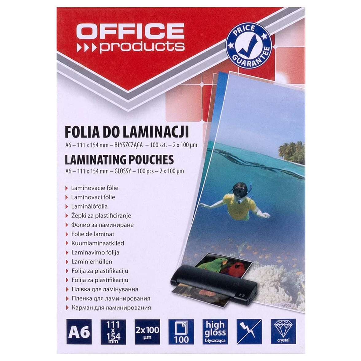 Folia do Laminowania OFFICE PRODUCTS A6 2x100mikr Błyszcząca 100szt Transparentna/Prezentacja/Typ-do Laminowania/Rodzaj-Błyszcząca/Materiał-Plastik/Kolor-Transparentny/Grubość (mm)-2x100µm