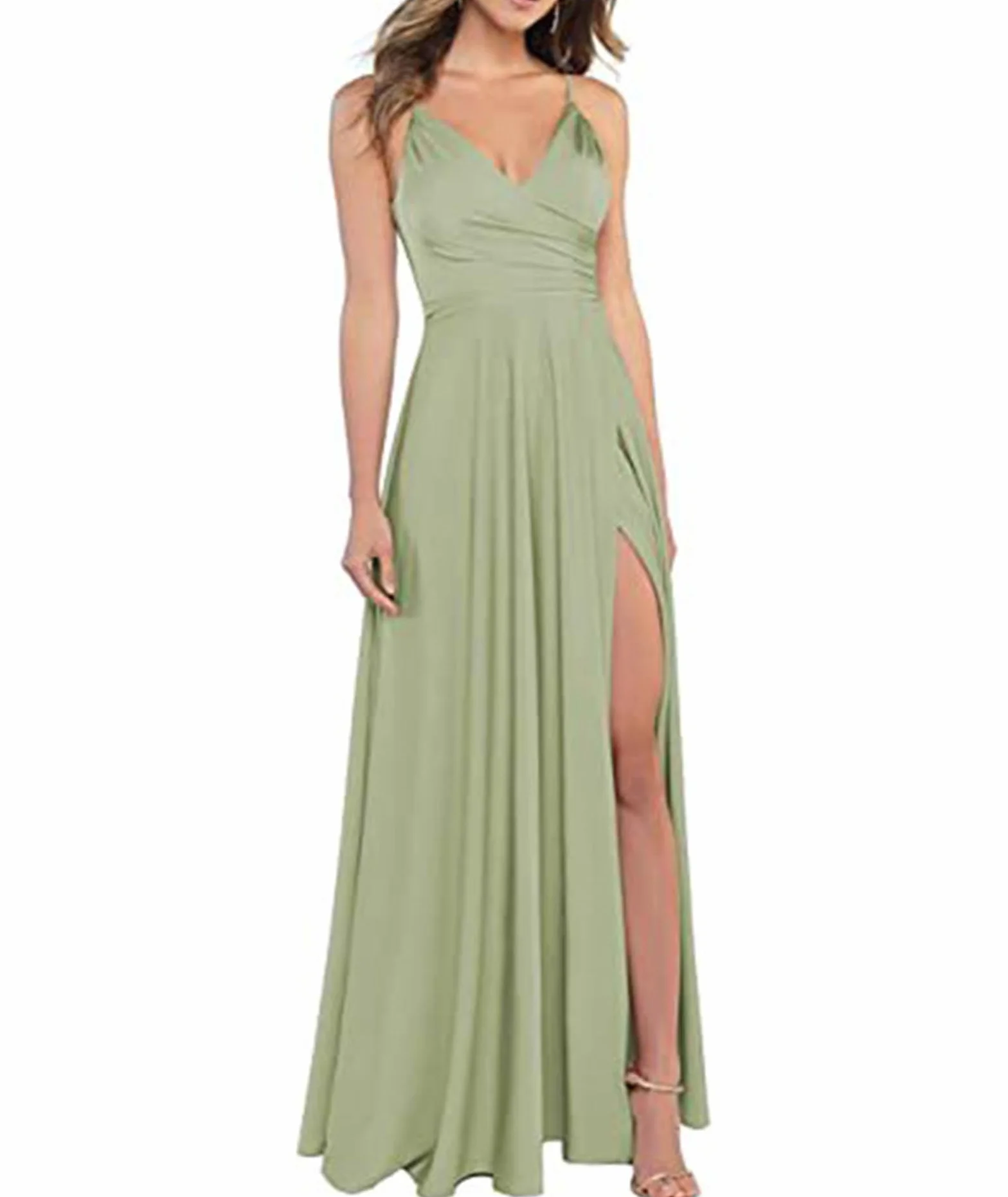 xxxiticat Damen V-Ausschnitt Spaghettiträger Satin Brautjungfernkleider Formeller A-Linie Abschlussball Abendkleider mit Schlitz