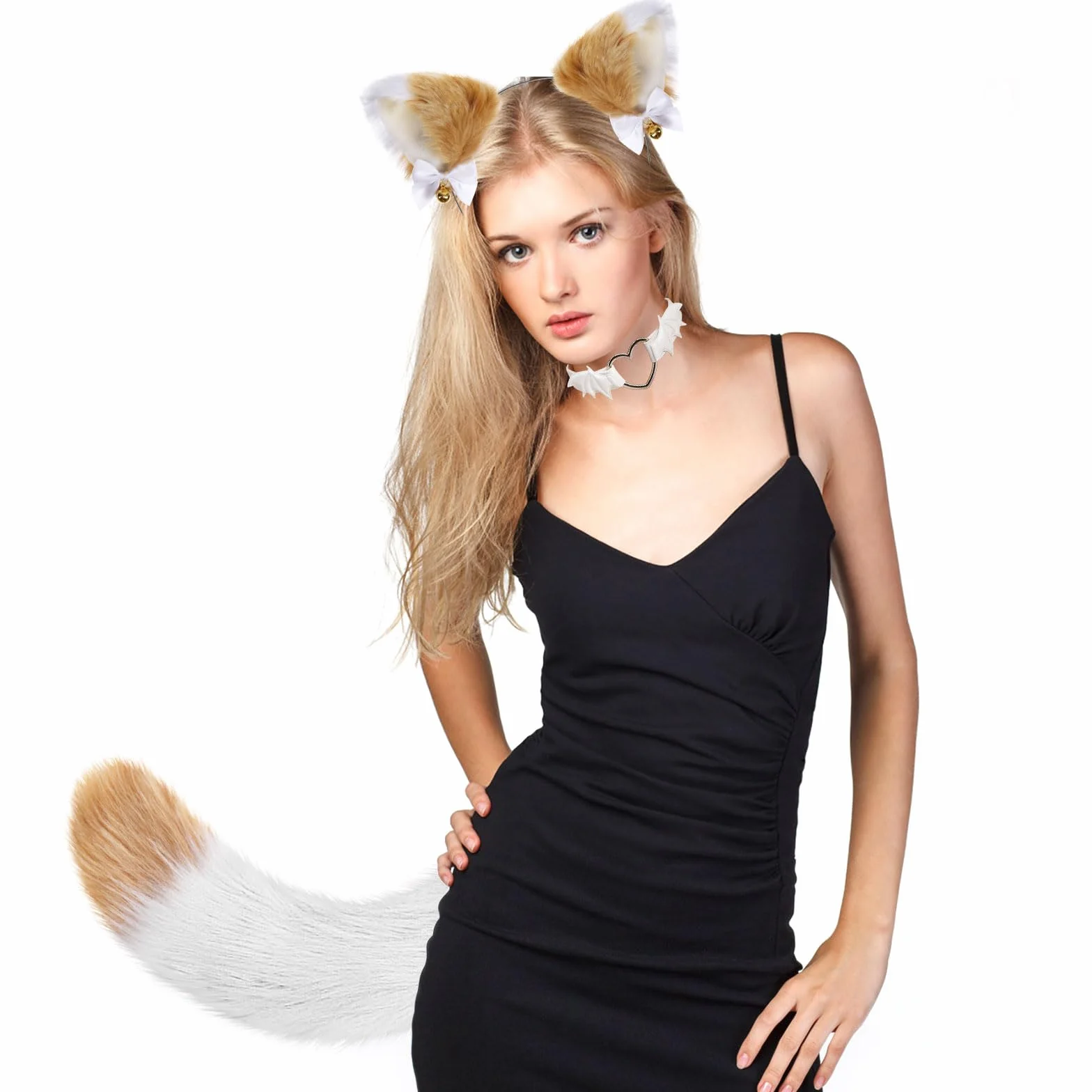 XEPST Zestaw kostiumów do cosplay, kocie uszy i ogon zwierzęcia, sztuczne futro, futrzany, lis, wilk, ogon, zestaw z uszami i dzwonkami, kołnierz do anime, fantazyjne przebrania na imprezę, Halloween,