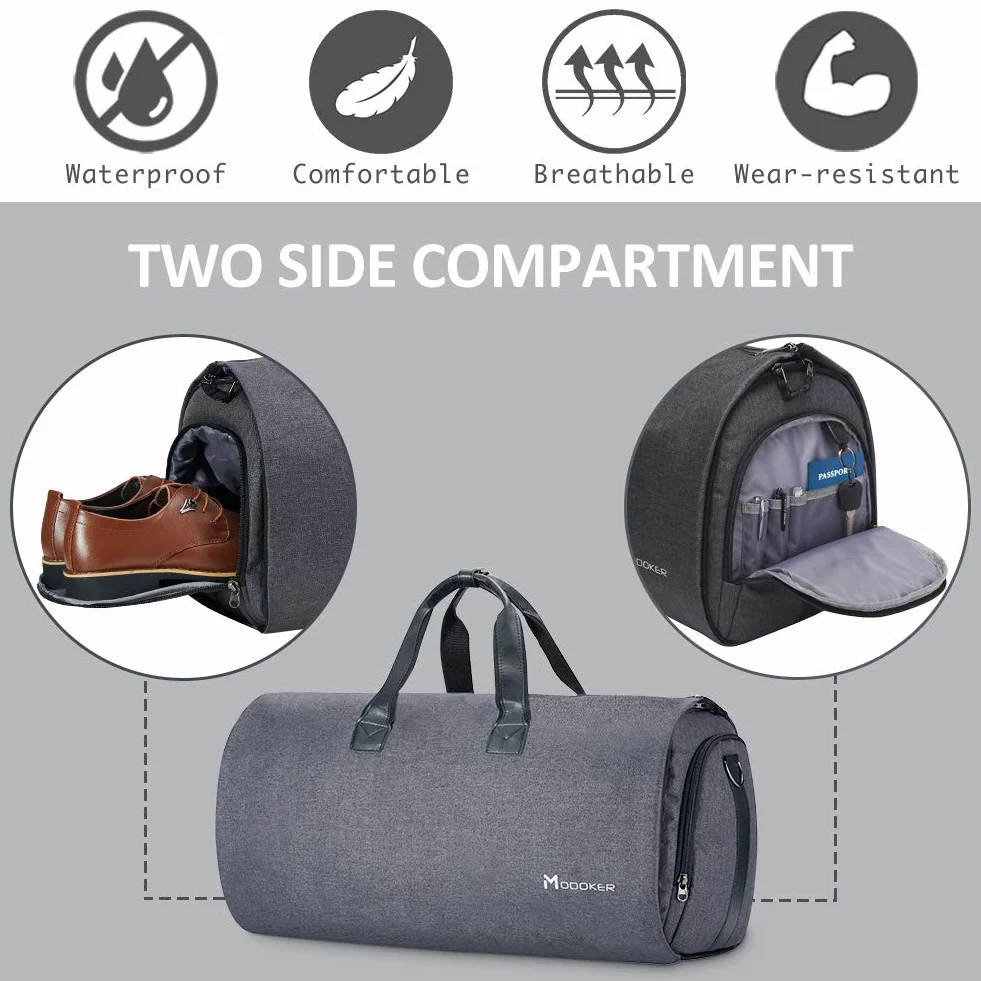 Torba na ubrania z paskiem na ramię, Modoker torba sportowa dla mężczyzn i kobiet, 2 w 1, wisząca walizka, garnitur, torby podróżne, Czarny, 45L DUFFEL BAG, Miękki