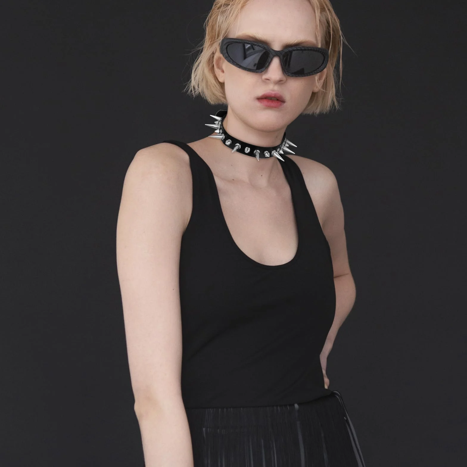 Długi gotycki choker, kolczasty kołnierz, skórzany naszyjnik, koltwisty krawędź, koczki, klasyczny styl 80. 90., biżuteria emo punk