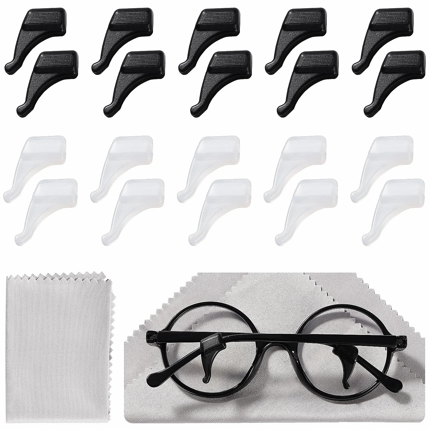 10 Par 20x11 mm Uchwyt na Okulary na Ucho, Silikonowy Uchwyt na Okulary, Antypoślizgowe Zauszniki na Okulary, z Ściereczka do Okularów, do Okularów, Okularów do Czytania, Biały/Czarny