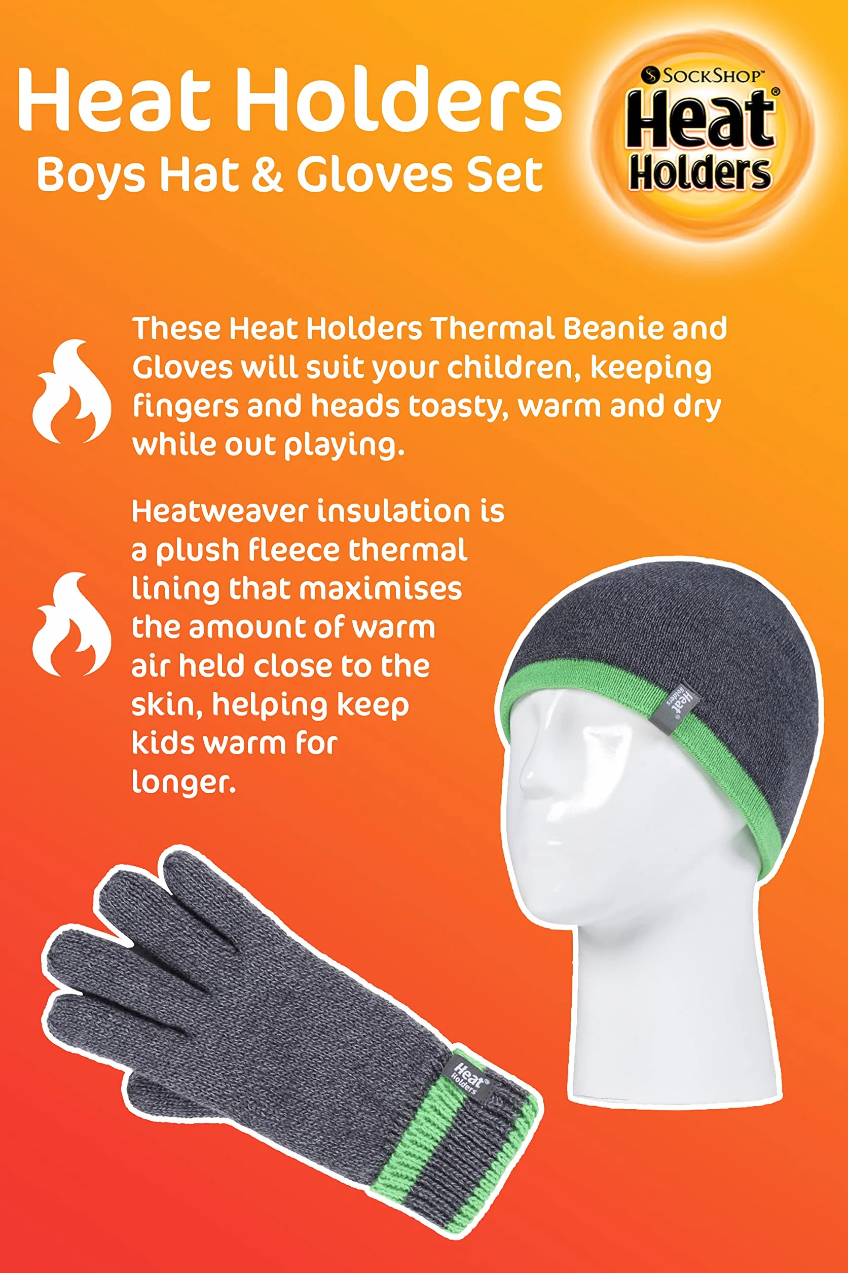 Heat Holders - Dzieci chłopcy zima ciepły polar wyściełany izolowany dzianinowy przewijany mankiet prążkowany zestaw czapka i rękawiczki