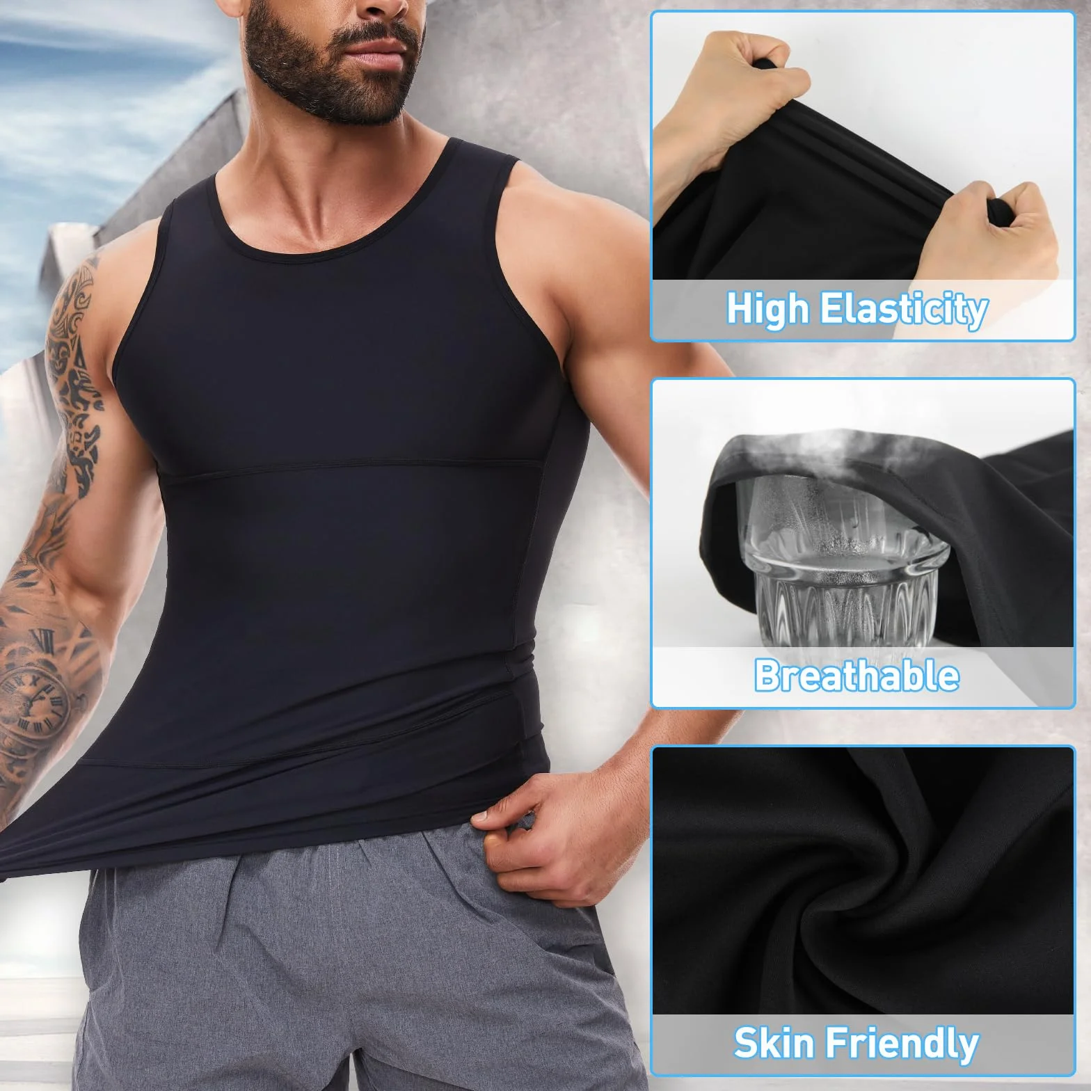 SLIMBELLE Shapewear męska koszulka kompresyjna, elastyczna, bez rękawów, body Shaper Tights, podkoszulek, podkoszulek męski, podkoszulek modelujący talię, modelująca figurę, wyszczuplający brzuch,