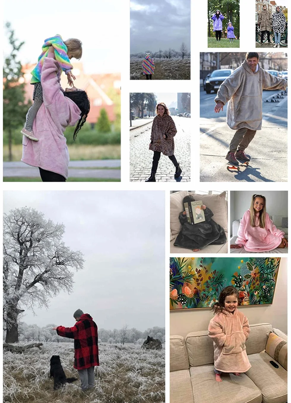 Sacebeleu Koc z kapturem, puszysty koc Sherpa, koc do oglądania telewizji z rękawami, oversize, z kieszenią typu kangur, flanelowy koc polarowy, rozmiar uniwersalny, dla kobiet, mężczyzn