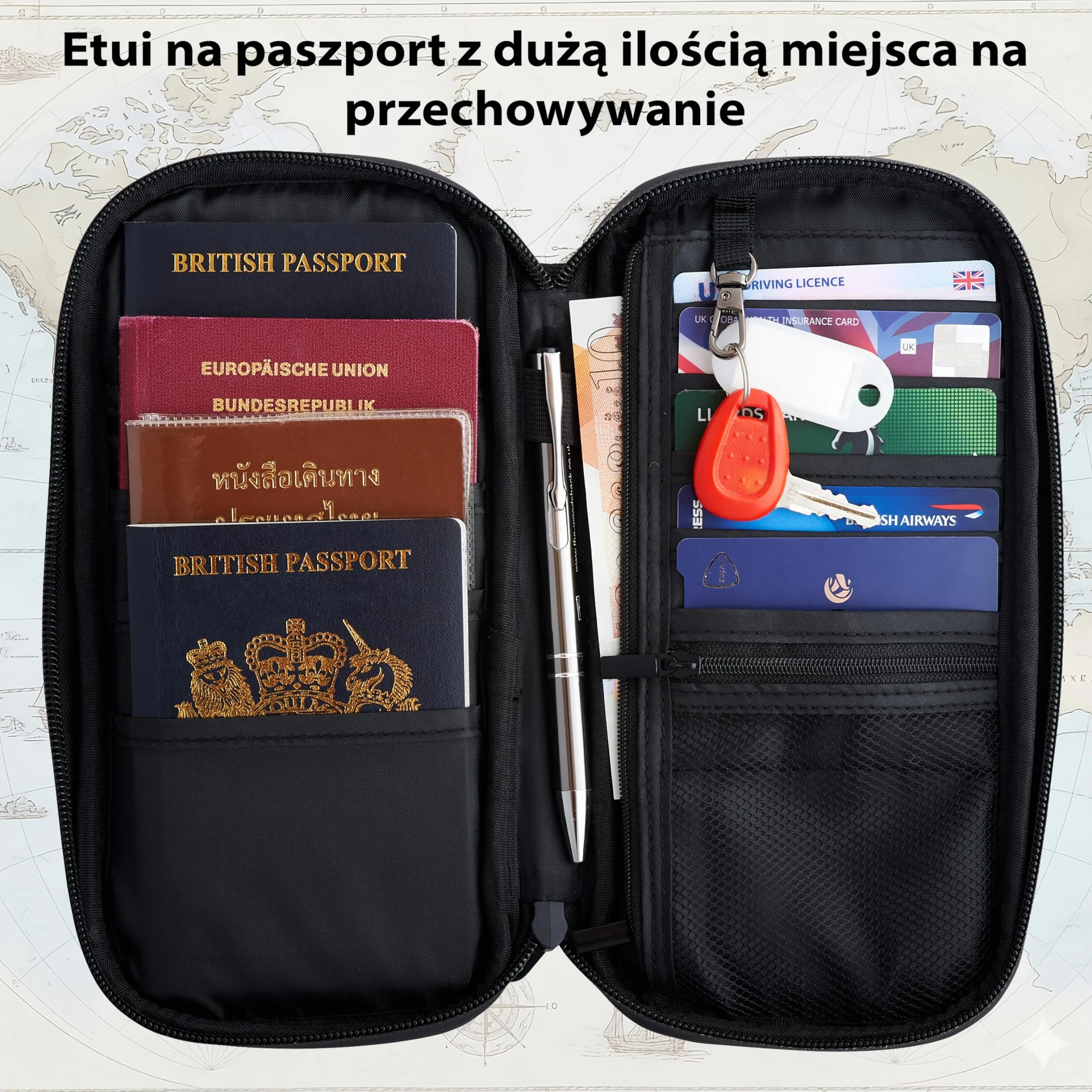 OW-Travel Etui na Paszport i Dokumenty (czarny) z ochroną RFID. Pojemne etui na paszport 4 paszporty na bilety lotnicze. Dołączone paski na nadgarstek i szyję bez użycia rąk