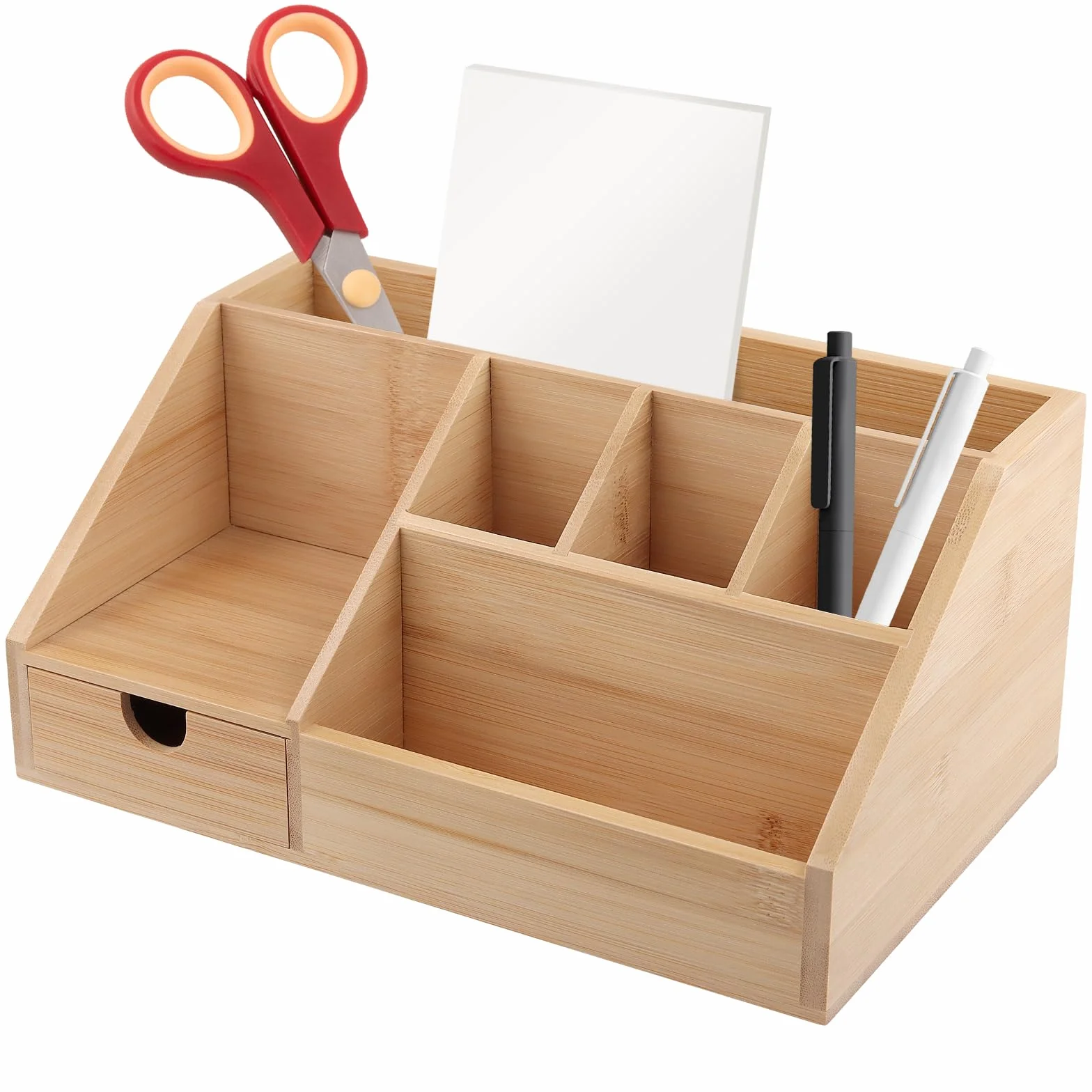 SINJEUN Drewniany organizer na biurko, organizer biurowy z szufladą i uchwytem na długopisy, bambusowy pojemnik na długopisy, półka na biurko, 24,5 x 15 x 11 cm