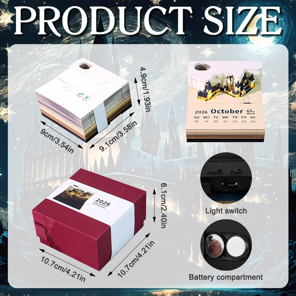Kalendarz 3D do rozrywania 2026, Afenau 9 * 9 * 5 CM 3D Blocek do notatek Memo 2026 z LED, Kalendarz Time Piece, Bloczki artystyczne na prezent, Boże Narodzenie, Urodziny (Magiczny Zamek)