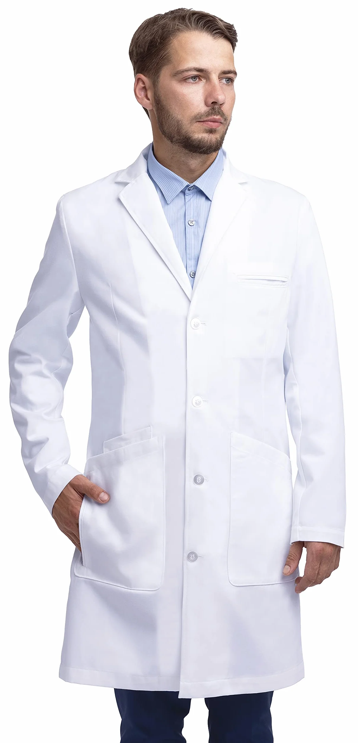 Dr. James profesjonalny fartuch laboratoryjny dla mężczyzn, częściowo dopasowany krój, wiele kieszeni, biały (XXL)