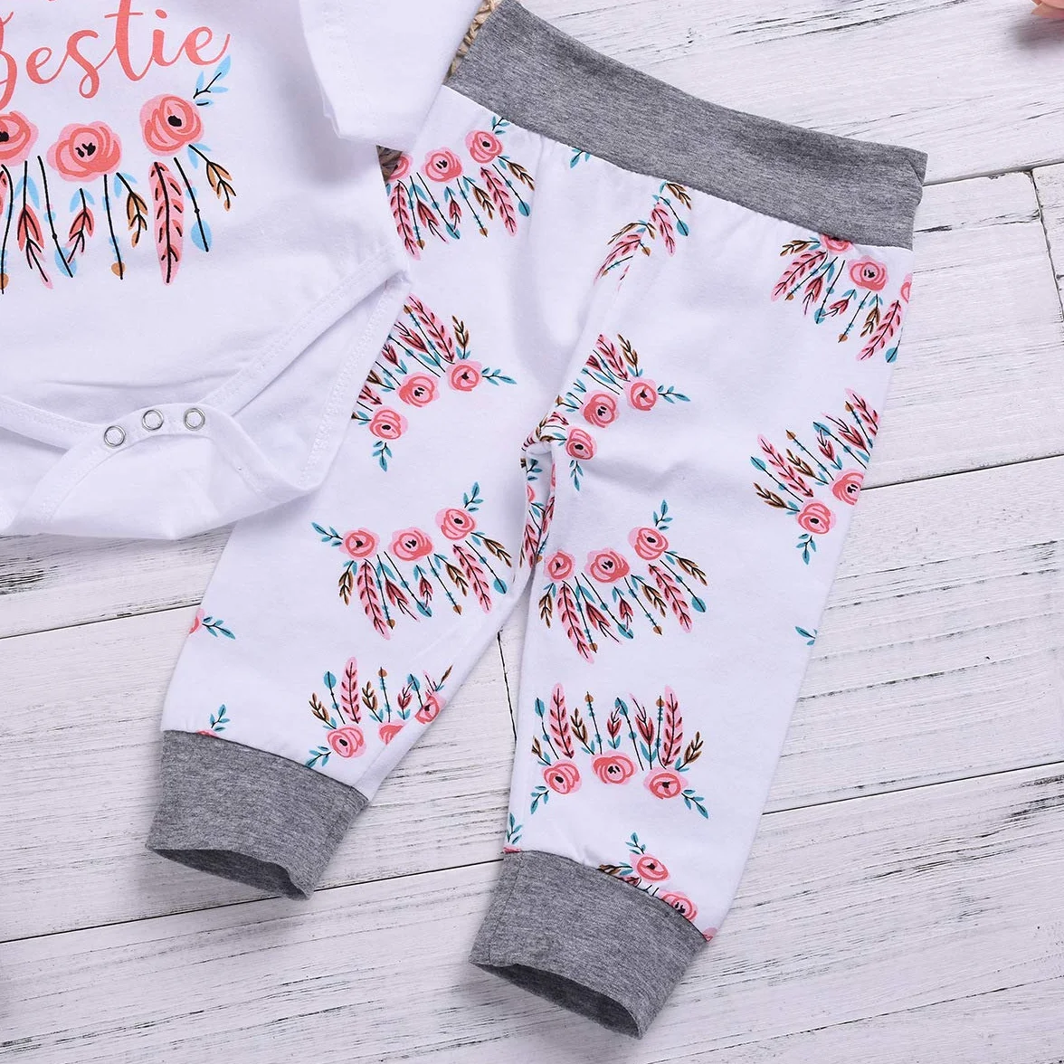 Baby Girl Ubrania Ciocia Bestie Romper Top + spodnie kwiatowe + czapka 3-częściowy zestaw ubrań dla niemowląt