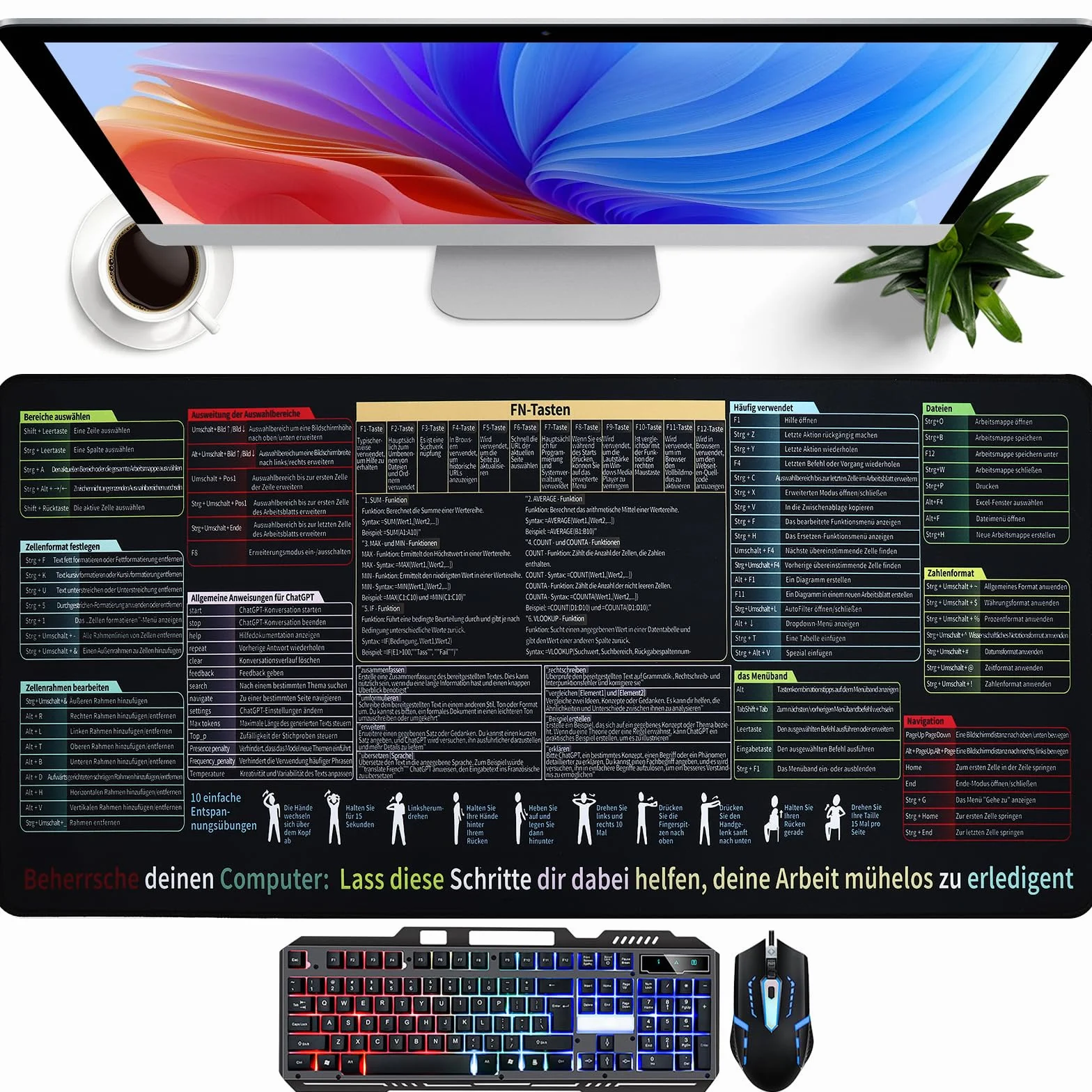 Podkładka na biurko, w języku niemieckim XXL, 80 x 40 cm, Excel, podkładka pod mysz, niemiecka podkładka pod mysz, niemiecka podkładka pod mysz, Excel, krótkie wycięcia, niemiecka, akcesoria biurowe