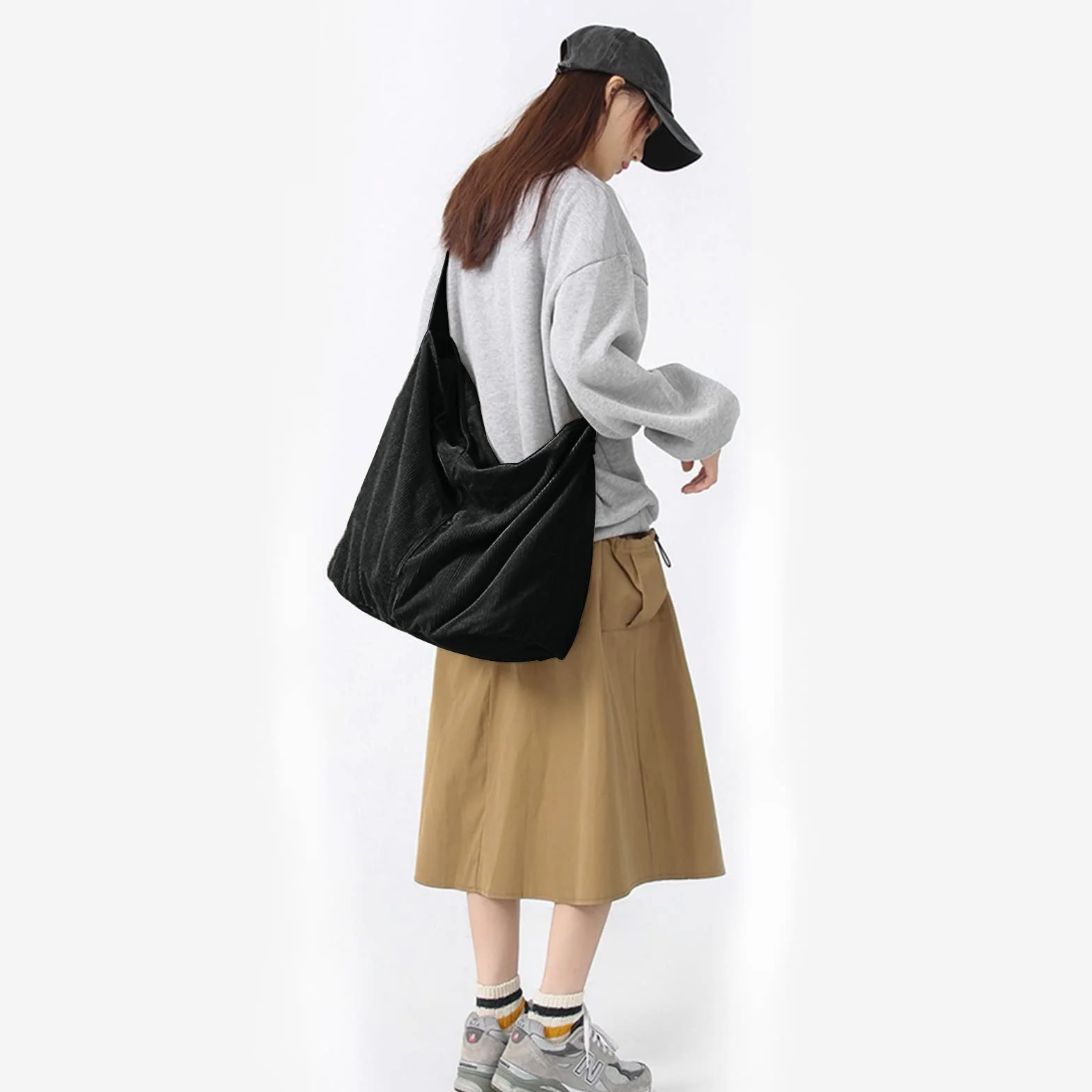 X SIM FITNESSX Unisex Cord torba na ramię duża damska torba na zakupy modna torba materiałowa na co dzień/do biura/szkoły/podróży, czarny, Retro